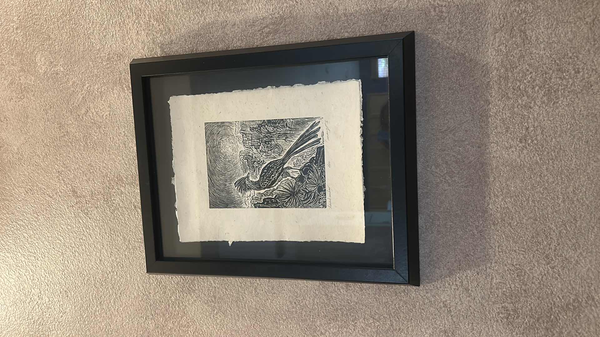 Photo 1 of FRAMED NUMBERED 2/20 SIGNED MARIA ARANGO,ORIGINAL LIMITED EDITION “DESERT ROOSTER”WOODCUT PRINT ROADRUNNER ARTWORK WITH COA 13“ x H16“
