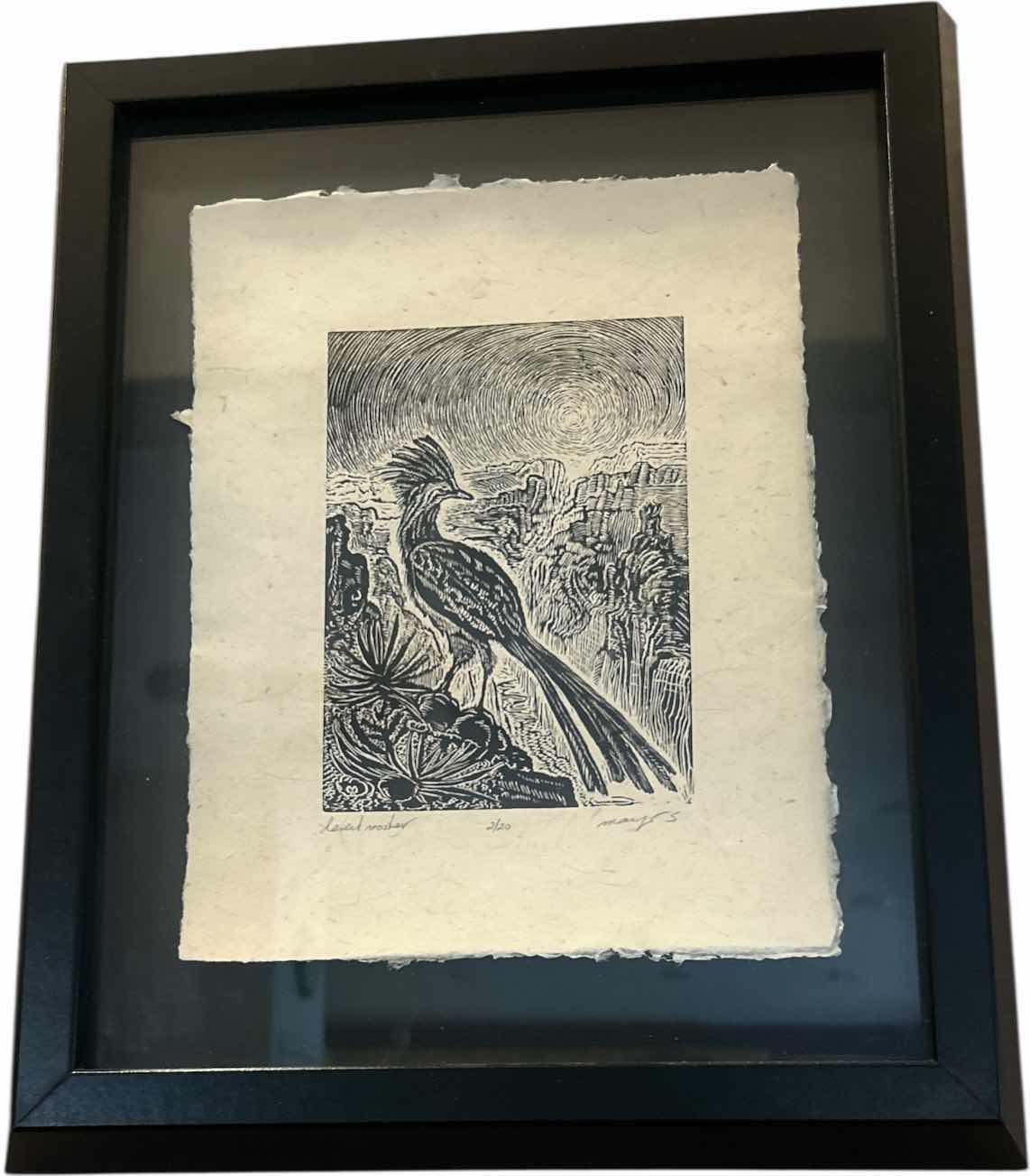 Photo 1 of FRAMED NUMBERED 2/20 SIGNED MARIA ARANGO,ORIGINAL LIMITED EDITION “DESERT ROOSTER”WOODCUT PRINT ROADRUNNER ARTWORK WITH COA 13“ x H16“