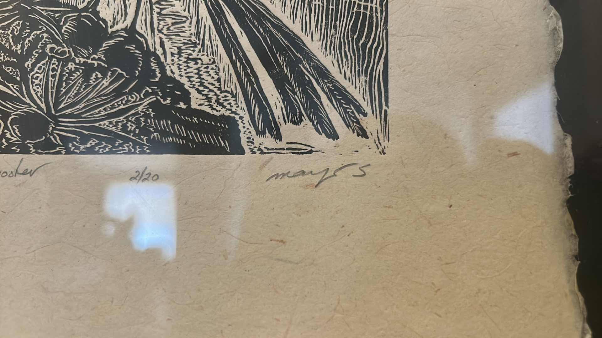 Photo 3 of FRAMED NUMBERED 2/20 SIGNED MARIA ARANGO,ORIGINAL LIMITED EDITION “DESERT ROOSTER”WOODCUT PRINT ROADRUNNER ARTWORK WITH COA 13“ x H16“