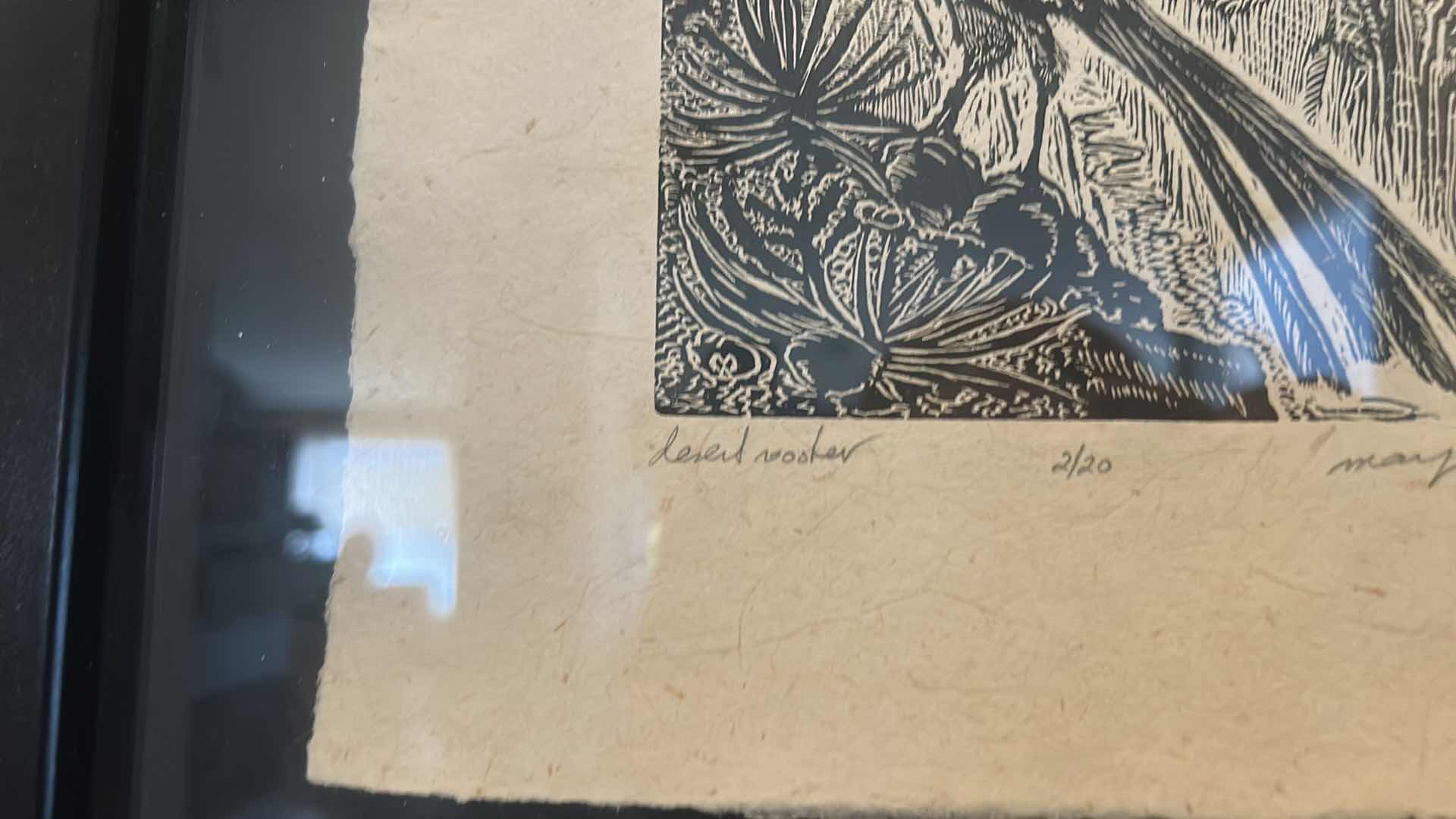 Photo 4 of FRAMED NUMBERED 2/20 SIGNED MARIA ARANGO,ORIGINAL LIMITED EDITION “DESERT ROOSTER”WOODCUT PRINT ROADRUNNER ARTWORK WITH COA 13“ x H16“