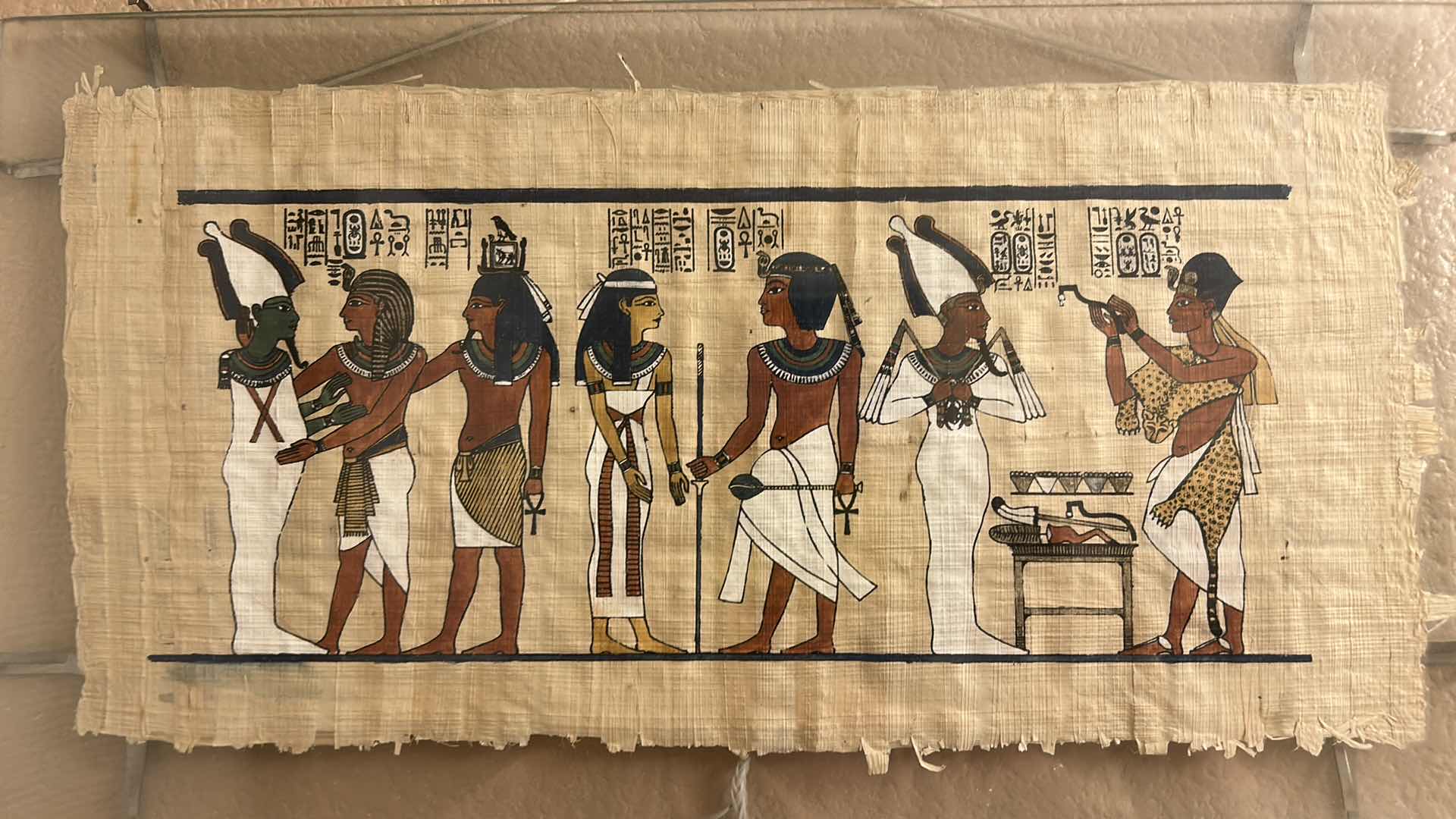 Photo 1 of FRAMED, PAINTED PAPYRUS PIECE FROM THE TOMB OF TUTANKHAMON EGYPTIAN ARTWORK WITH COA, THE PIECE MESSURES  15 1/2” x H7 1/2”