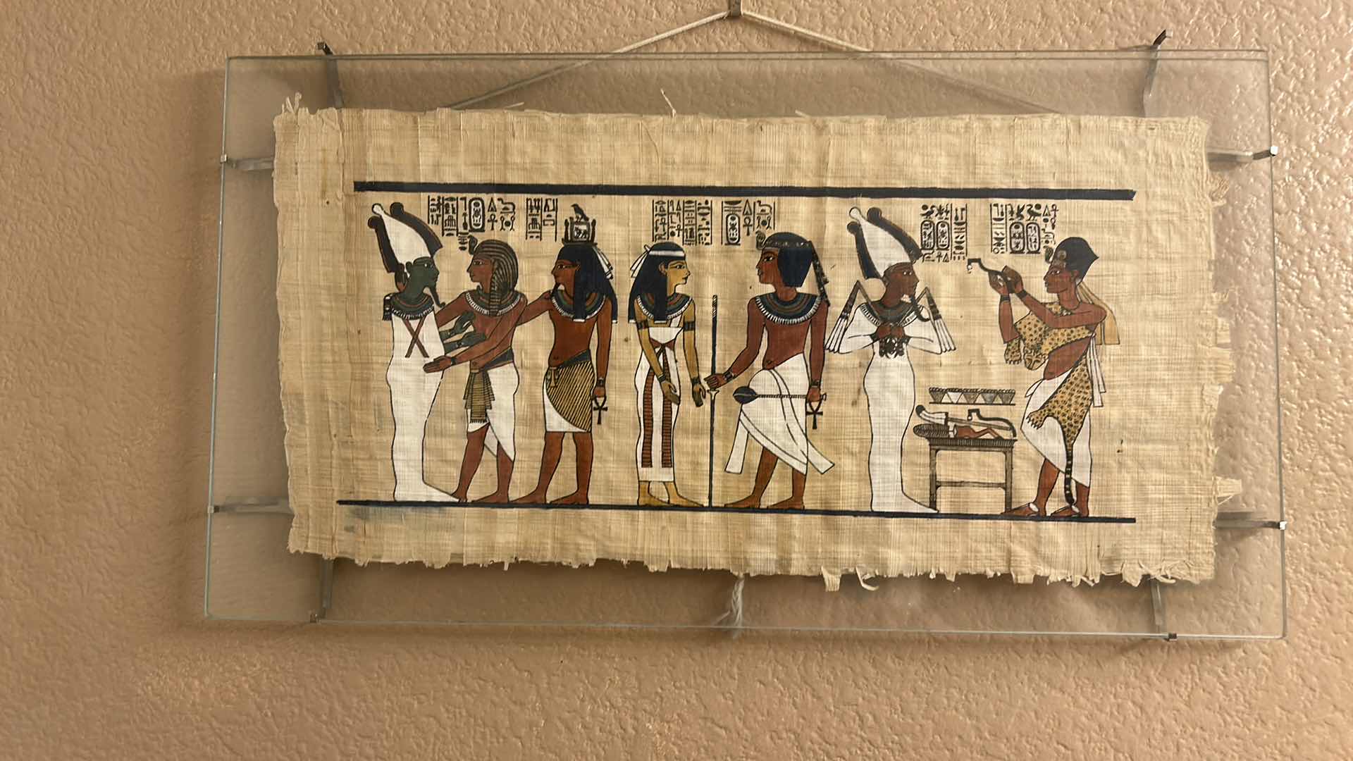 Photo 1 of FRAMED, PAINTED PAPYRUS PIECE FROM THE TOMB OF TUTANKHAMON EGYPTIAN ARTWORK WITH COA, THE PIECE MESSURES  15 1/2” x H7 1/2”