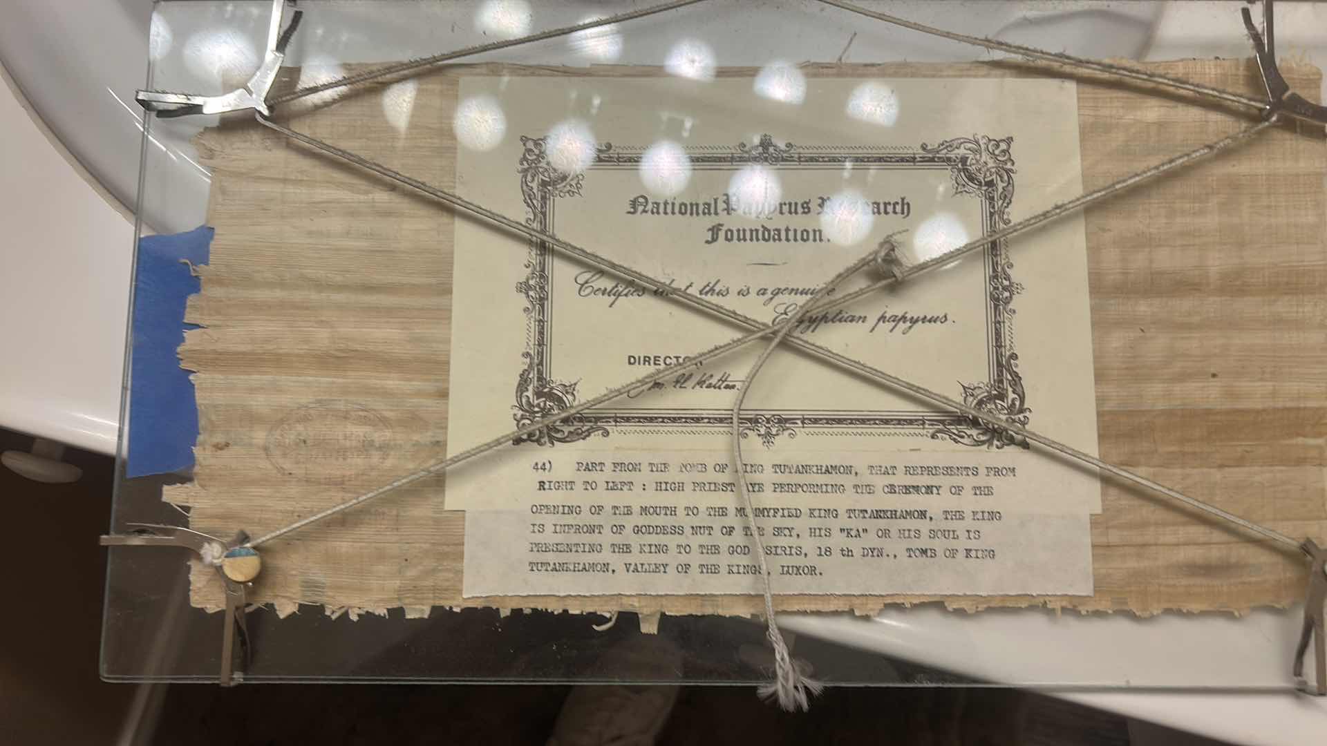 Photo 1 of FRAMED, PAINTED PAPYRUS PIECE FROM THE TOMB OF TUTANKHAMON EGYPTIAN ARTWORK WITH COA, THE PIECE MESSURES  15 1/2” x H7 1/2”