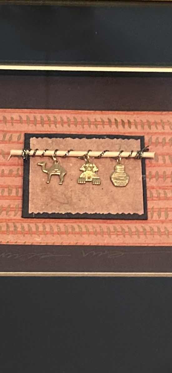 Photo 1 of FRAMED SHADOW BOX WITH HAND MADE EGYPTIAN CHARMS ON JAPANESE PAPER ARTWORK 14” x H13”