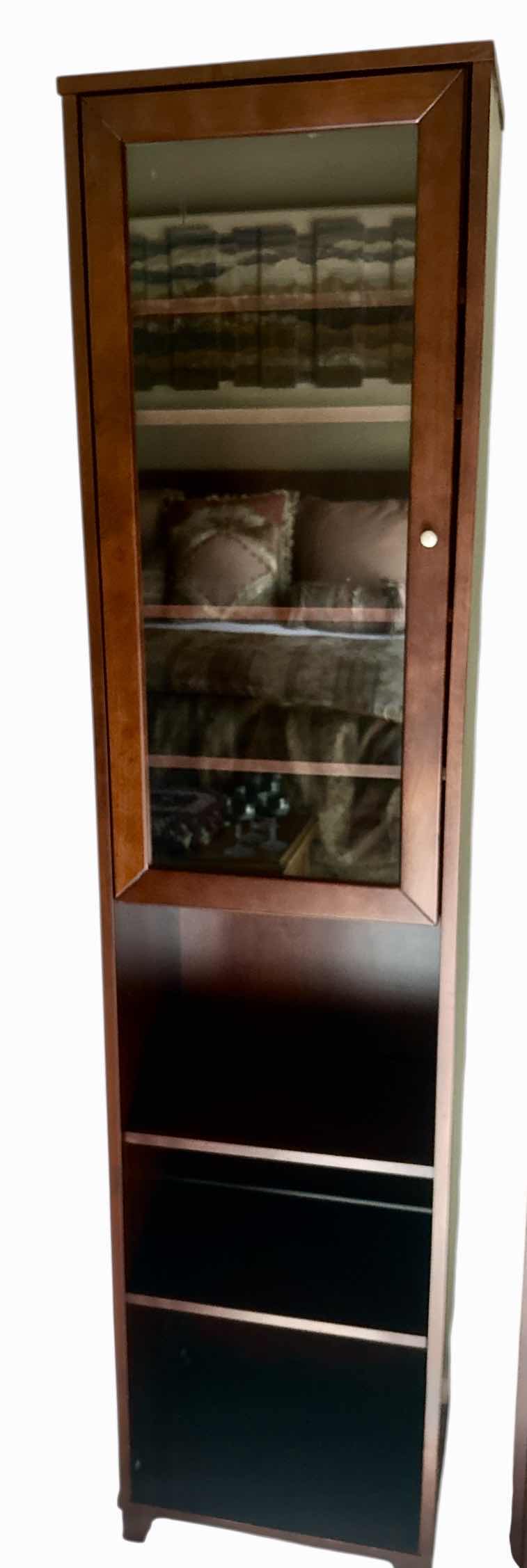 View 1 of 6’ WOOD BOOKSHELF / CURIO CABINET 17” x 11 1/2” x H6’