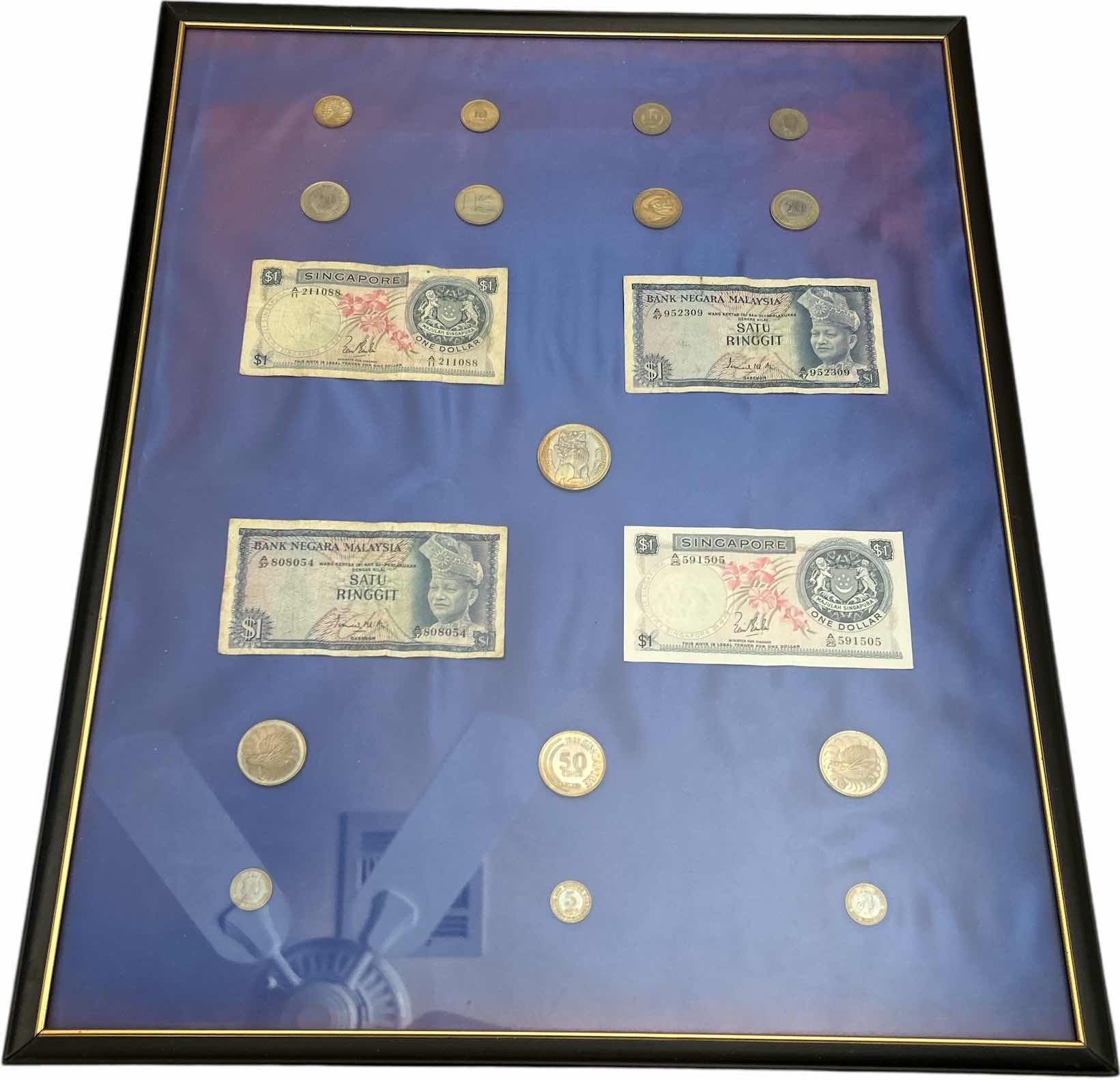 Photo 1 of FRAMED MONEY COLLECTION - PAPER BILLS AND COIN 16” x H20”