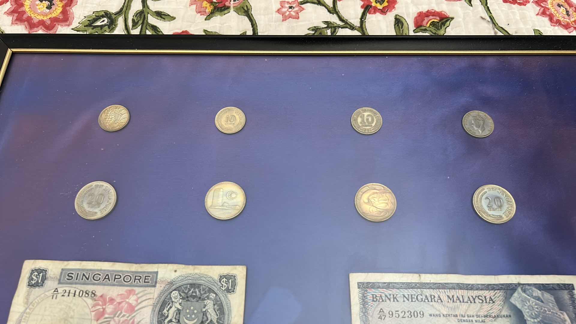 Photo 1 of FRAMED MONEY COLLECTION - PAPER BILLS AND COIN 16” x H20”