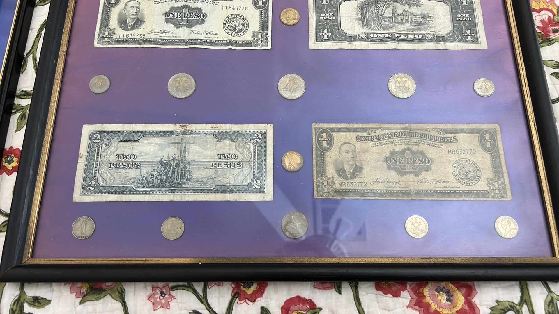 Photo 1 of FRAMED MONEY COLLECTION - PAPER BILLS AND COIN 17”x H13”