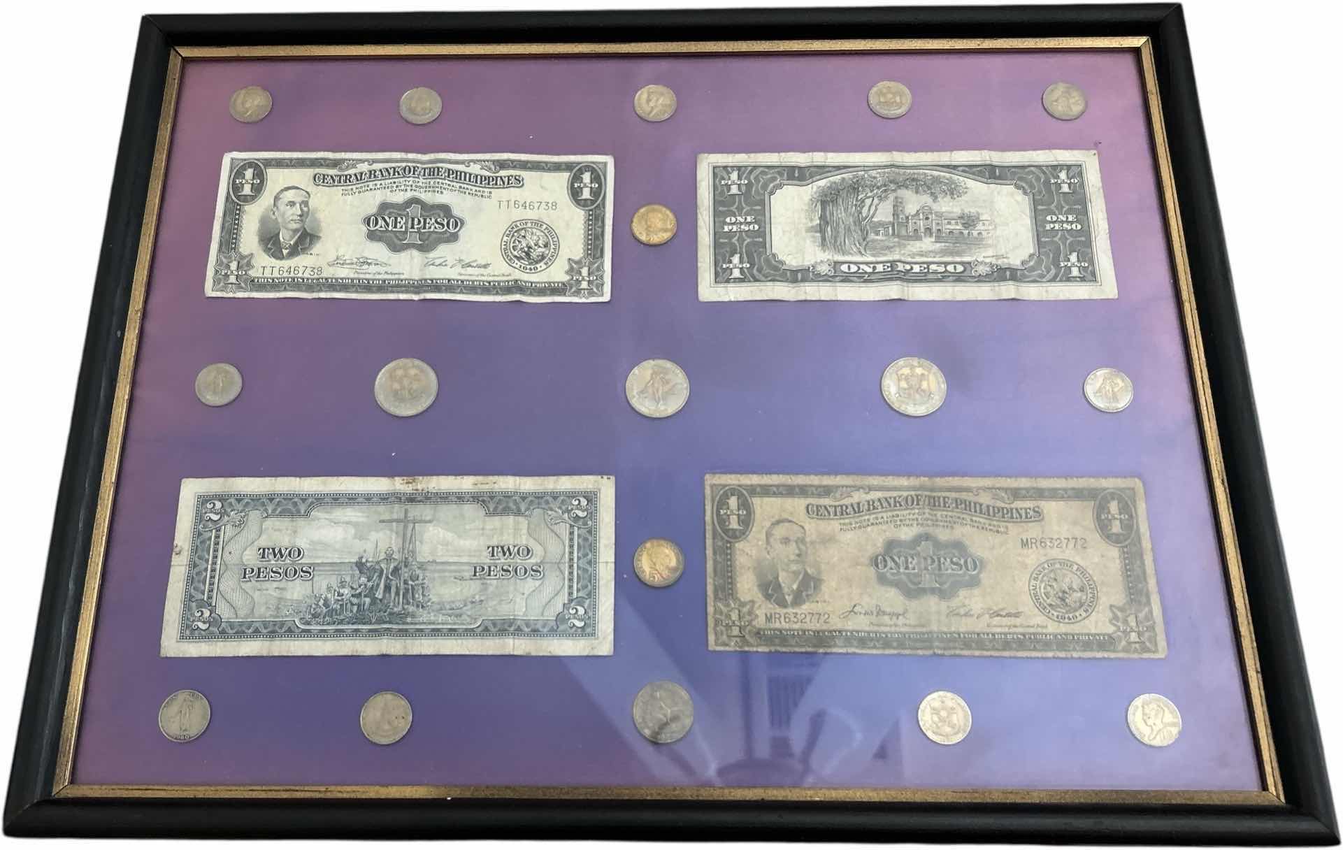 Photo 1 of FRAMED MONEY COLLECTION - PAPER BILLS AND COIN 17”x H13”