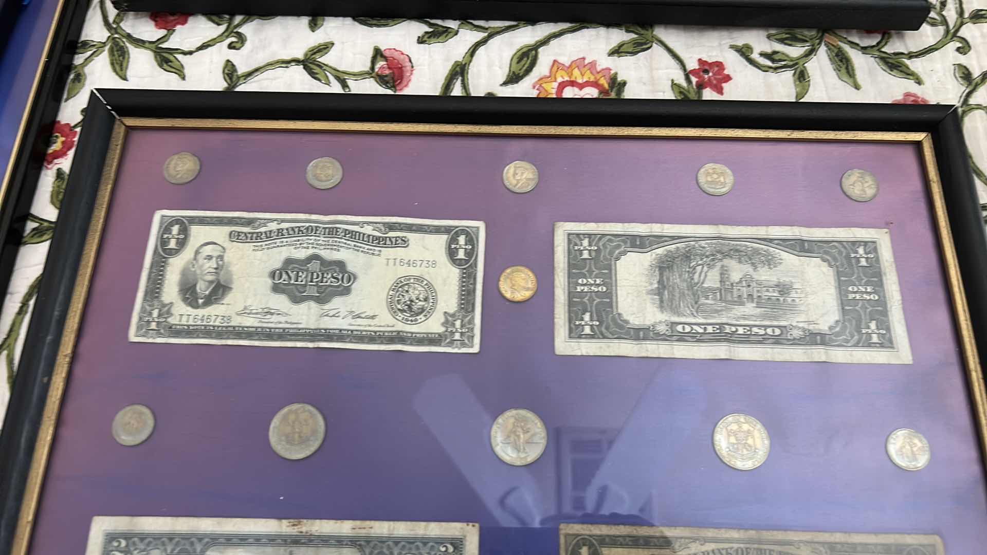 Photo 1 of FRAMED MONEY COLLECTION - PAPER BILLS AND COIN 17”x H13”