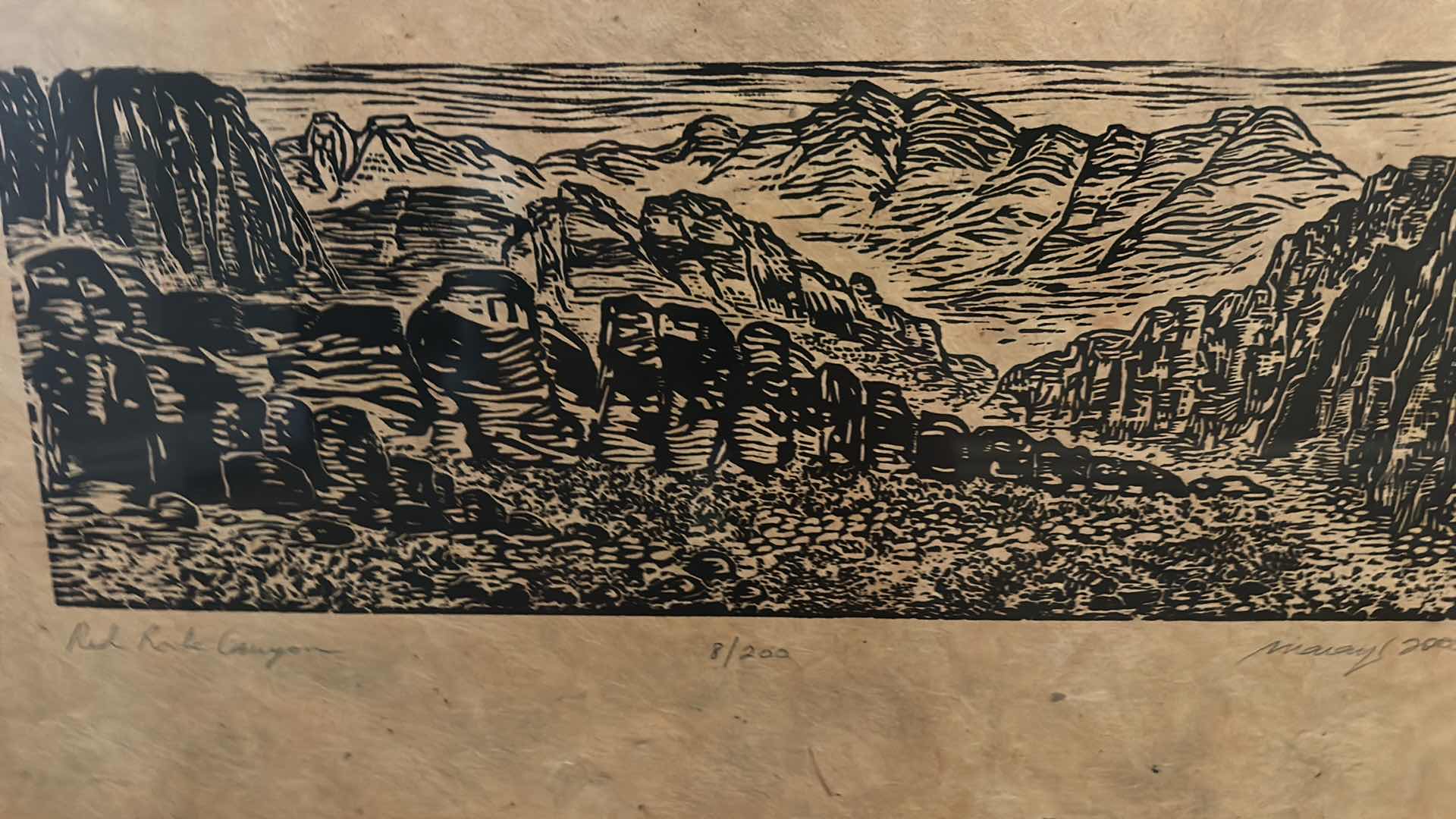 Photo 5 of FRAMED NUMBERED 8/200 SIGNED MARIA ARANGO, ORIGINAL LIMITED EDITION “RED ROCK CANYON”WOODCUT PRINT ARTWORK WITH COA 22” x H18”