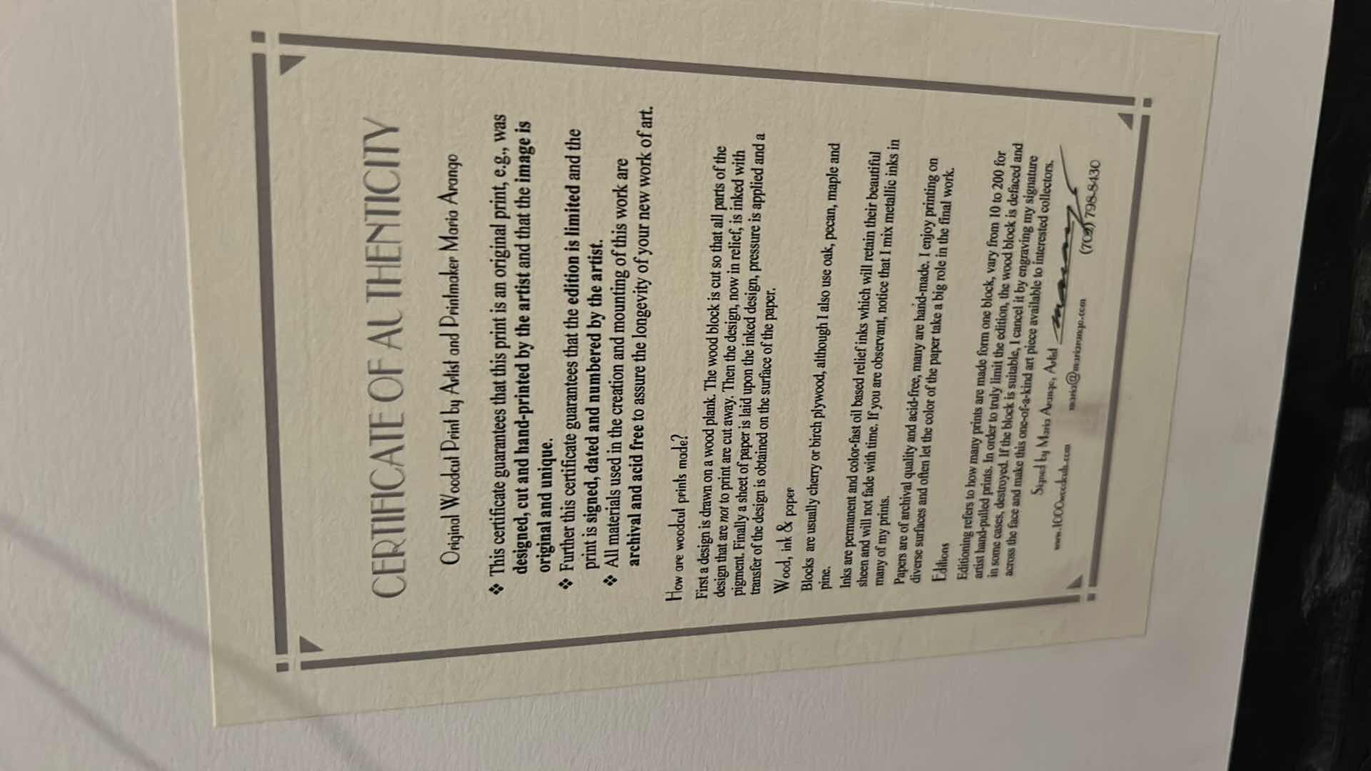 Photo 6 of FRAMED NUMBERED 8/200 SIGNED MARIA ARANGO, ORIGINAL LIMITED EDITION “RED ROCK CANYON”WOODCUT PRINT ARTWORK WITH COA 22” x H18”