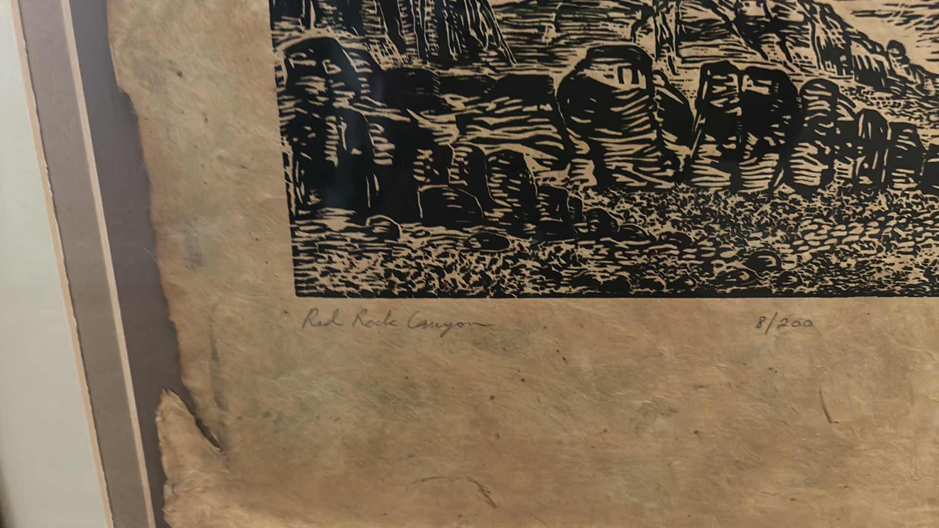 Photo 1 of FRAMED NUMBERED 8/200 SIGNED MARIA ARANGO, ORIGINAL LIMITED EDITION “RED ROCK CANYON”WOODCUT PRINT ARTWORK WITH COA 22” x H18”