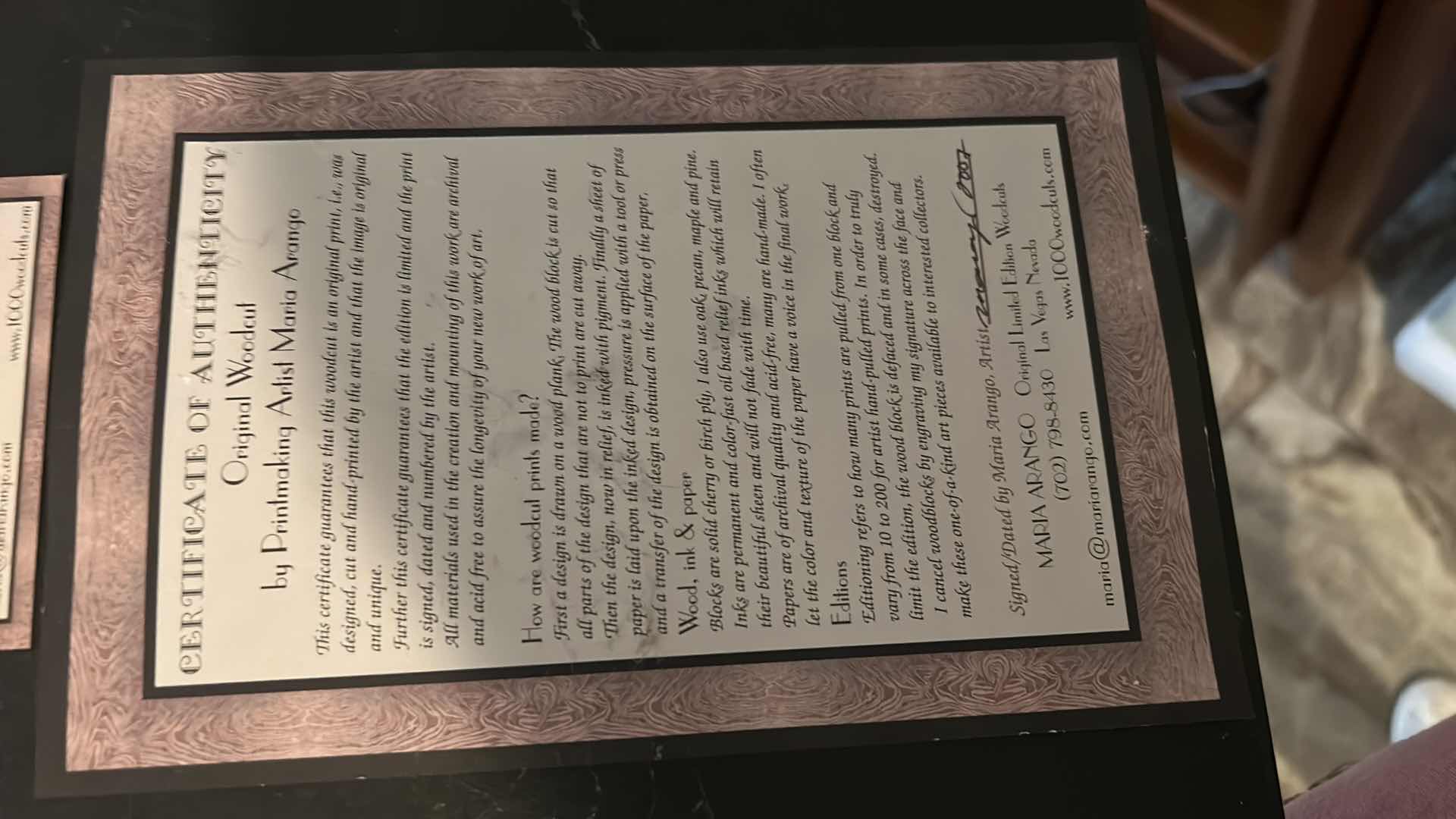 Photo 1 of FRAMED NUMBERED 39/200 SIGNED MARIA ARANGO, ORIGINAL LIMITED EDITION “TRAVELER AT DAWN ON A VOYAGE TO THE SUN WHILE ALL OTHERS SLEEP” WOODCUT PRINT ARTWORK WITH COA 18”x H18”