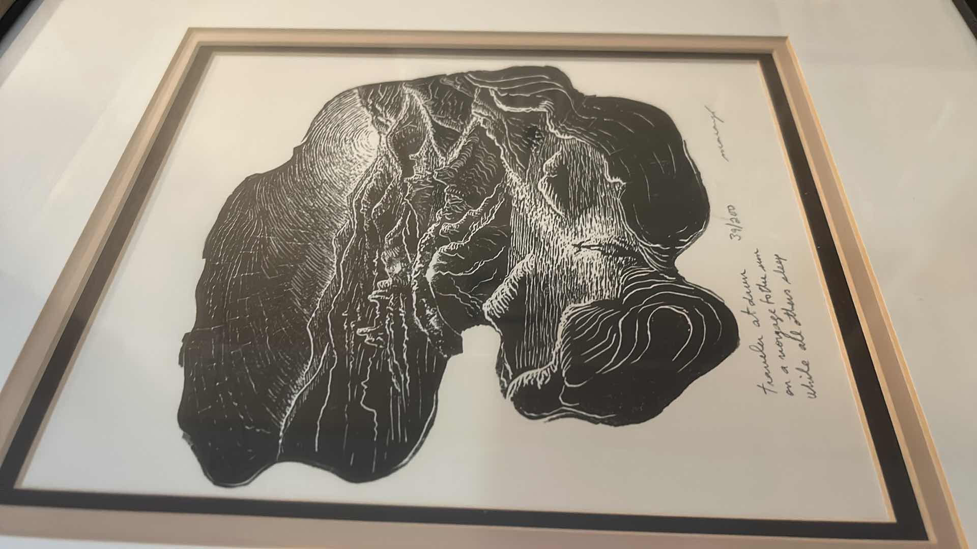 Photo 1 of FRAMED NUMBERED 39/200 SIGNED MARIA ARANGO, ORIGINAL LIMITED EDITION “TRAVELER AT DAWN ON A VOYAGE TO THE SUN WHILE ALL OTHERS SLEEP” WOODCUT PRINT ARTWORK WITH COA 18”x H18”