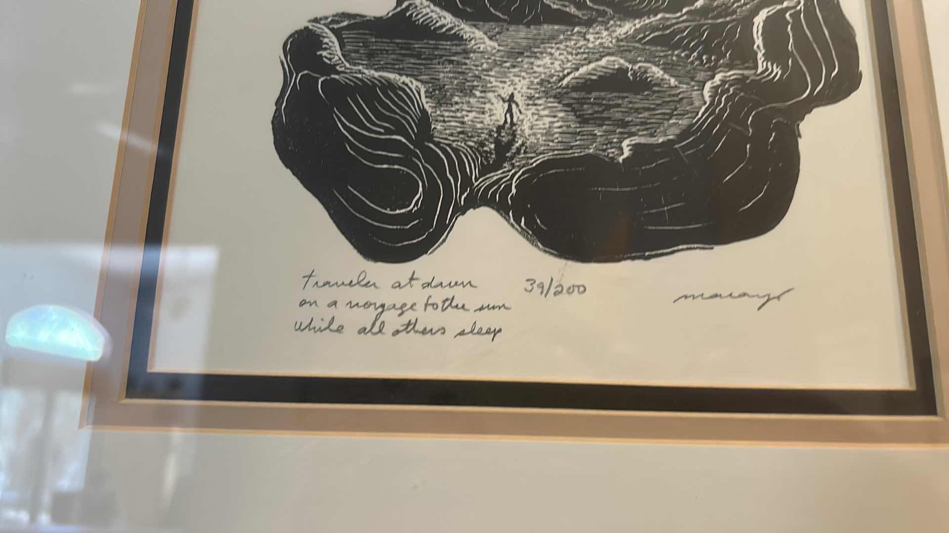 Photo 1 of FRAMED NUMBERED 39/200 SIGNED MARIA ARANGO, ORIGINAL LIMITED EDITION “TRAVELER AT DAWN ON A VOYAGE TO THE SUN WHILE ALL OTHERS SLEEP” WOODCUT PRINT ARTWORK WITH COA 18”x H18”