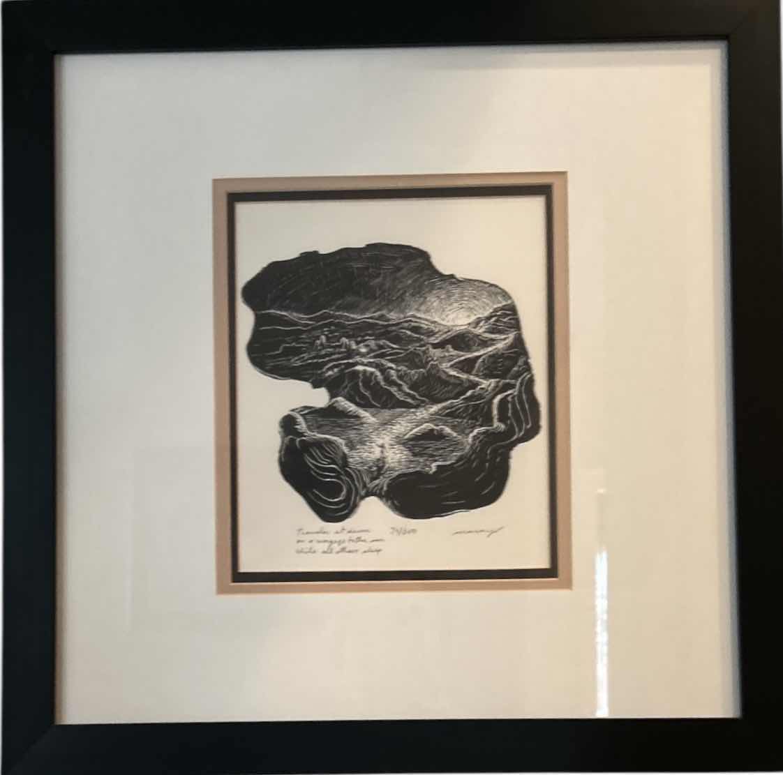 Photo 1 of FRAMED NUMBERED 39/200 SIGNED MARIA ARANGO, ORIGINAL LIMITED EDITION “TRAVELER AT DAWN ON A VOYAGE TO THE SUN WHILE ALL OTHERS SLEEP” WOODCUT PRINT ARTWORK WITH COA 18”x H18”