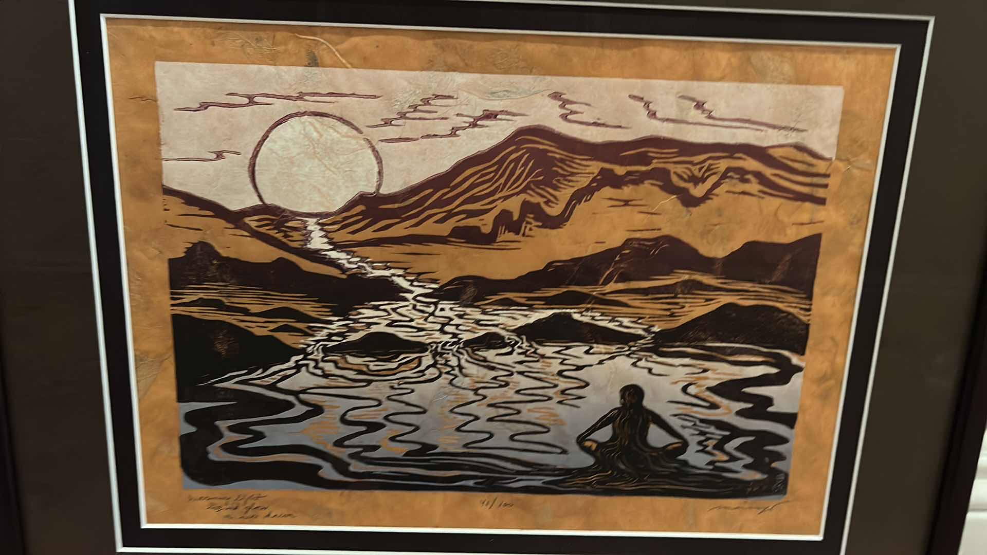 Photo 2 of FRAMED NUMBERED 41/100 SIGNED MARIA ARANGO, ORIGINAL LIMITED EDITION “WARMING LIGHT LIQUID GLOW WOODCUT PRINT ARTWORK WITH COA 19”x H15”