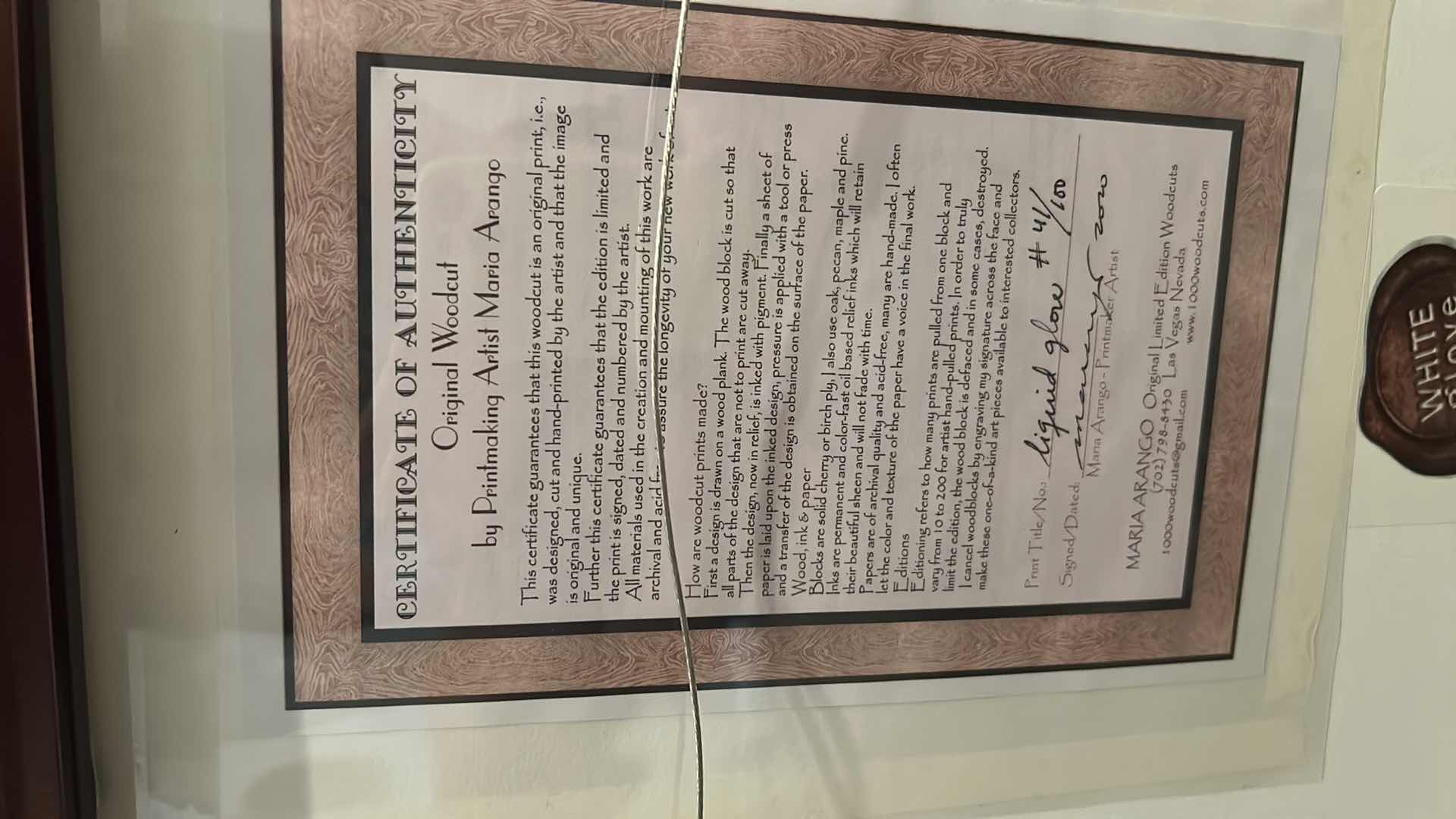 Photo 1 of FRAMED NUMBERED 41/100 SIGNED MARIA ARANGO, ORIGINAL LIMITED EDITION “WARMING LIGHT LIQUID GLOW WOODCUT PRINT ARTWORK WITH COA 19”x H15”