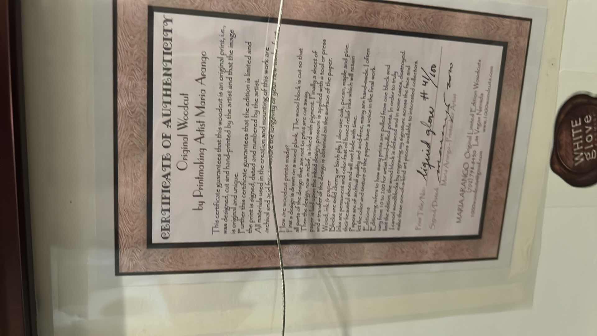 Photo 6 of FRAMED NUMBERED 41/100 SIGNED MARIA ARANGO, ORIGINAL LIMITED EDITION “WARMING LIGHT LIQUID GLOW WOODCUT PRINT ARTWORK WITH COA 19”x H15”