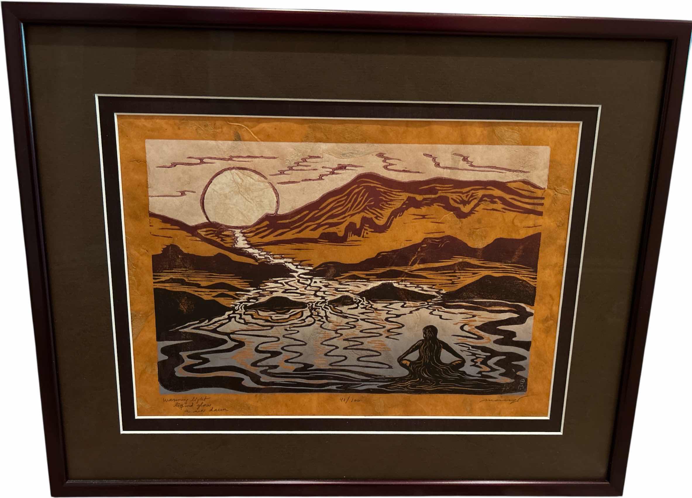 Photo 1 of FRAMED NUMBERED 41/100 SIGNED MARIA ARANGO, ORIGINAL LIMITED EDITION “WARMING LIGHT LIQUID GLOW WOODCUT PRINT ARTWORK WITH COA 19”x H15”