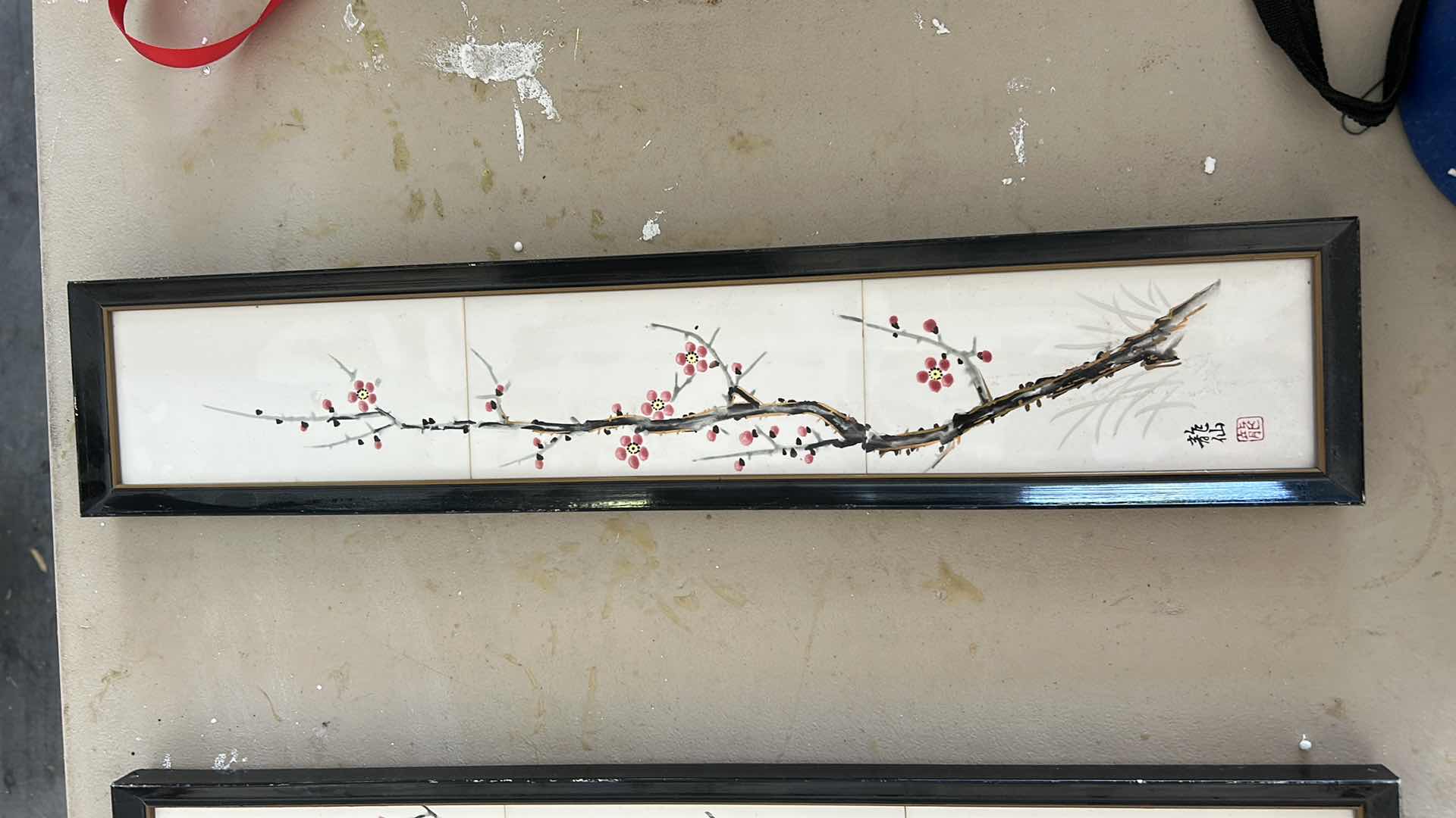 Photo 1 of 2 FRAMED ASIAN PAINTING ON TILE ARTWORK 3.75” x H18.5”