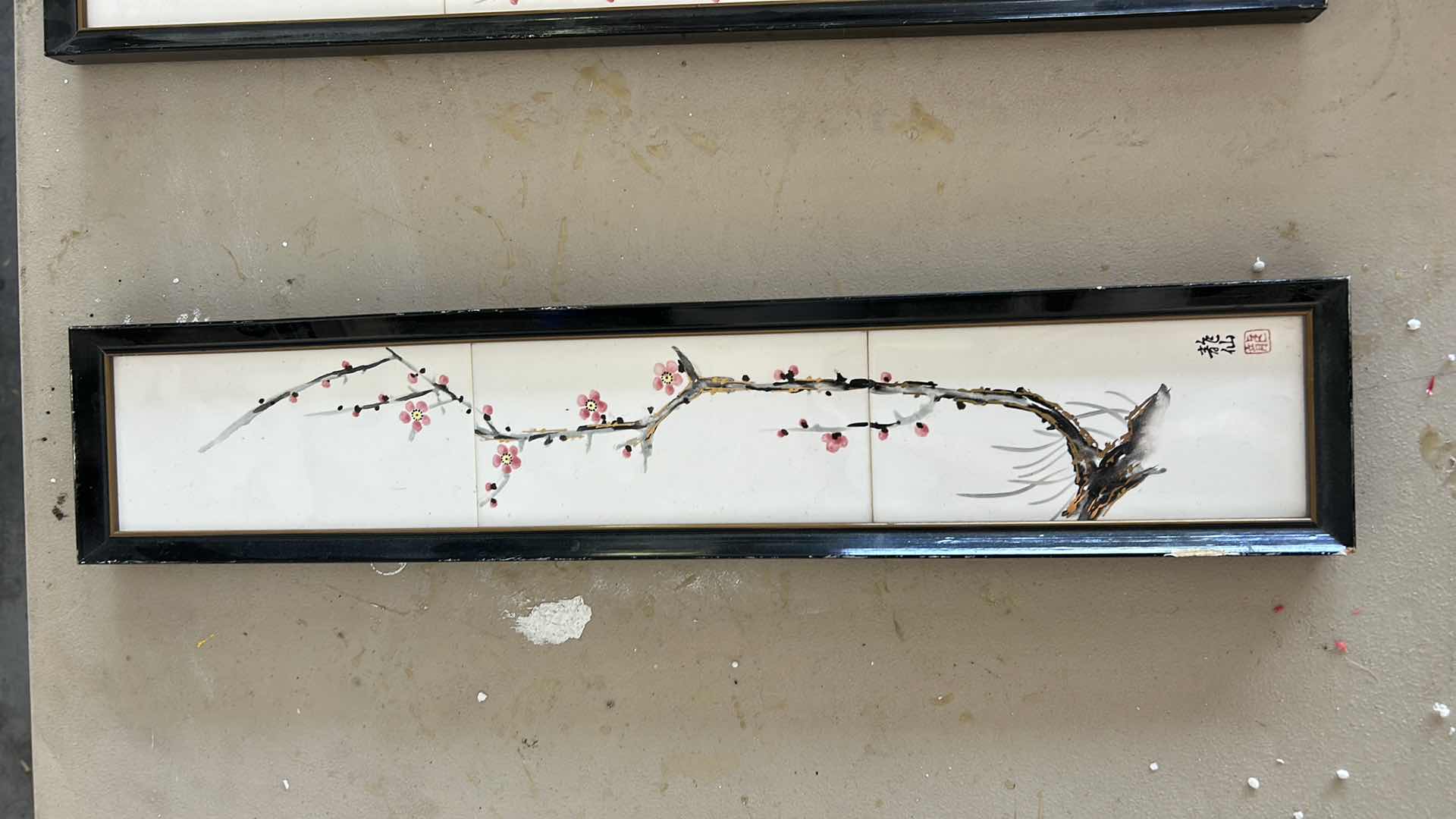 Photo 1 of 2 FRAMED ASIAN PAINTING ON TILE ARTWORK 3.75” x H18.5”