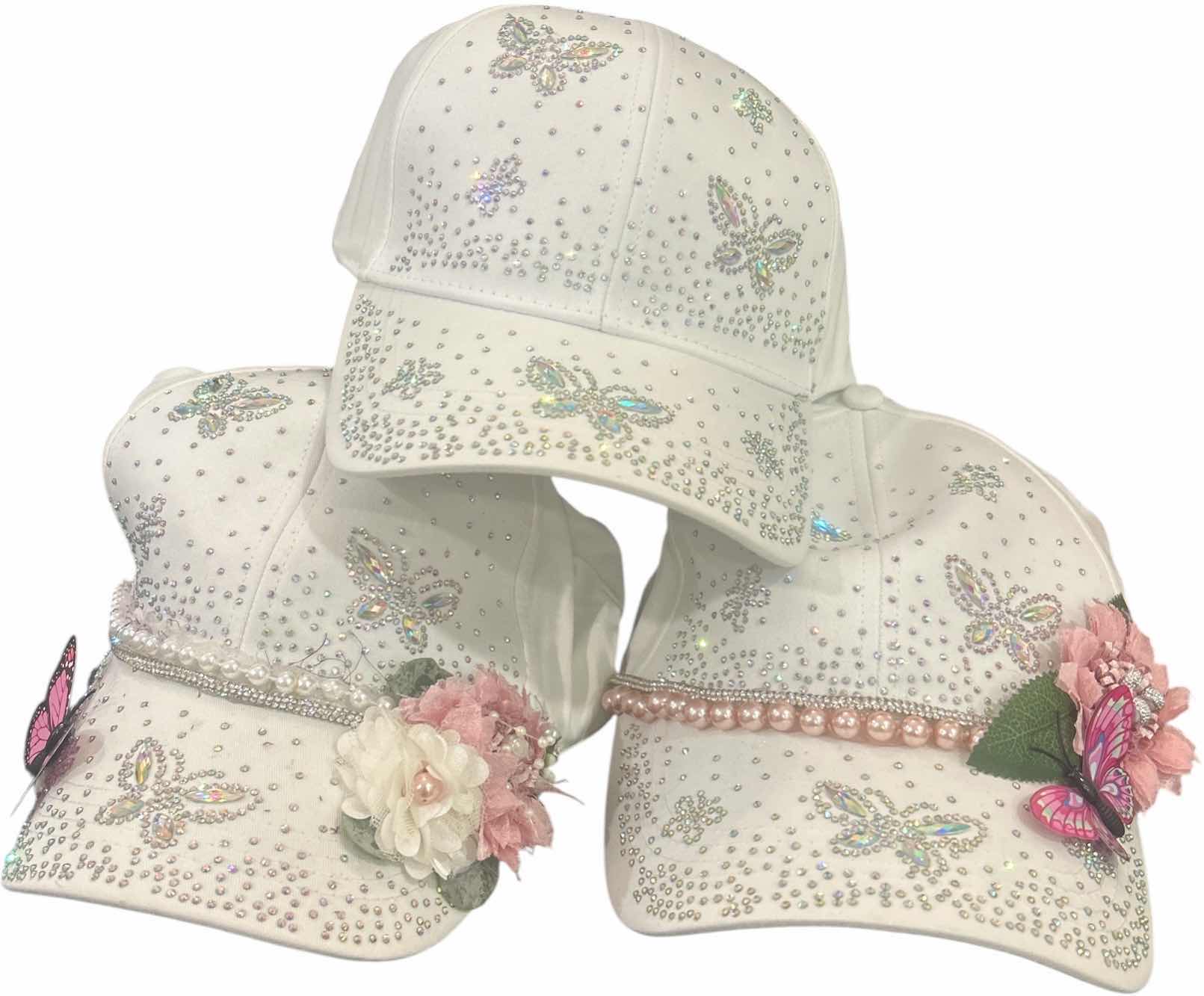 Photo 1 of NEW - 3 WHITE SPARKLY BUTTERFLY BASEBALL CAPS