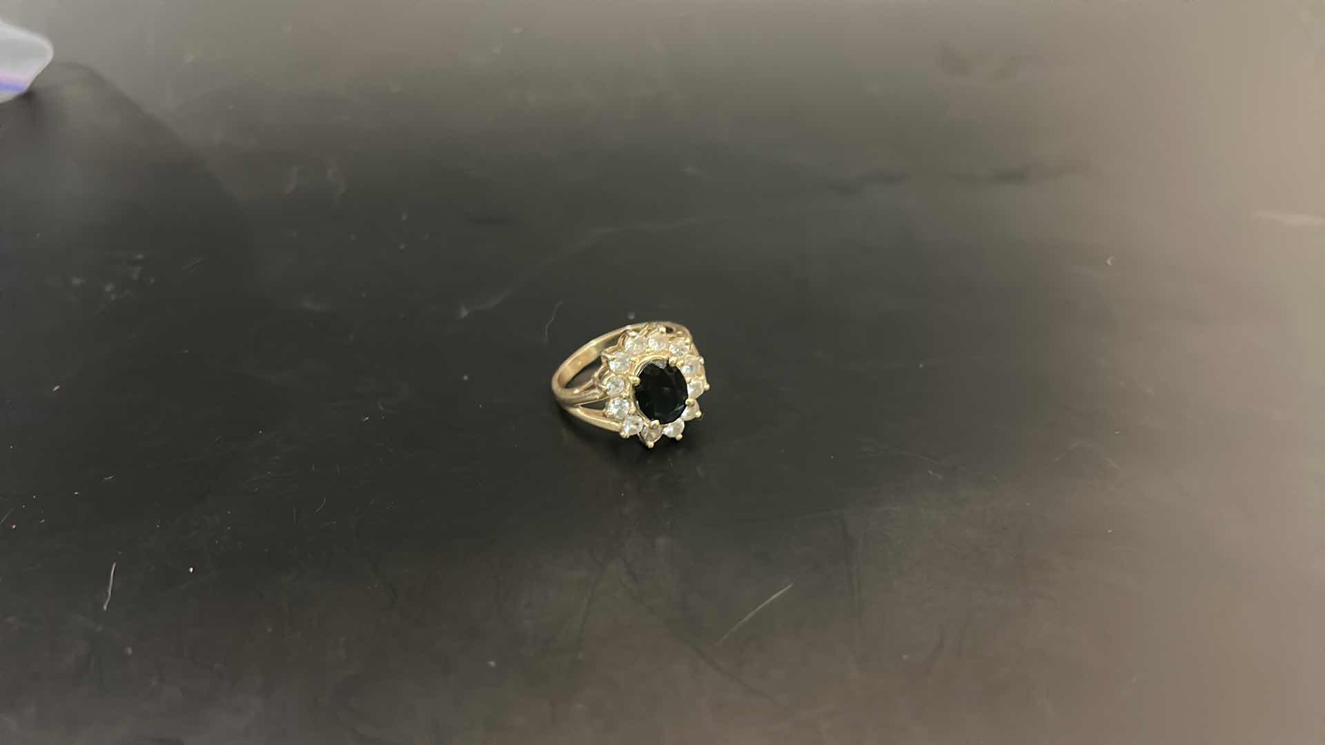 Photo 1 of 14K GOLD RING WITH DIAMONDS AND GREEN STONE ESTIMATED SIZE 8