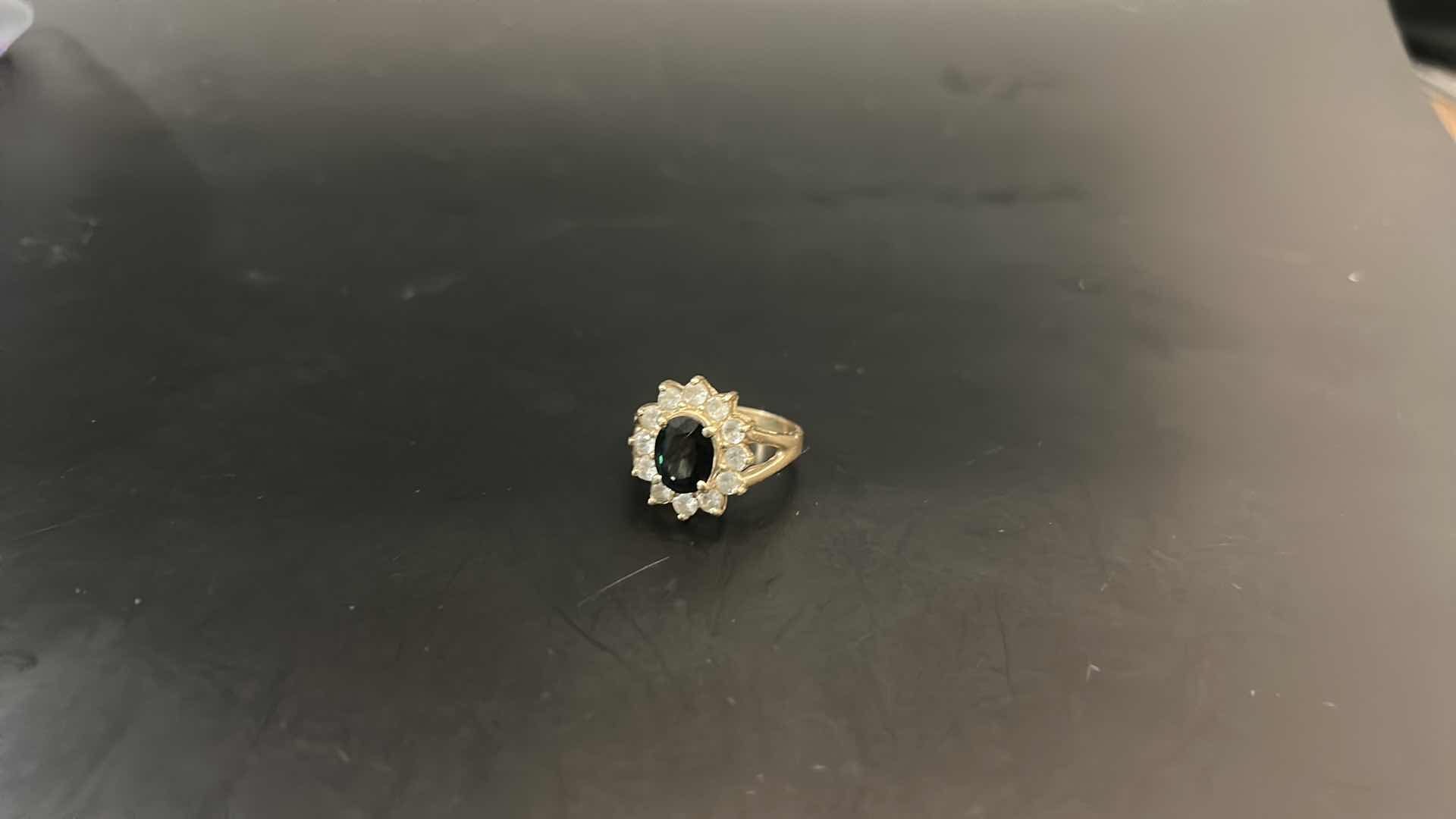 Photo 1 of 14K GOLD RING WITH DIAMONDS AND GREEN STONE ESTIMATED SIZE 8