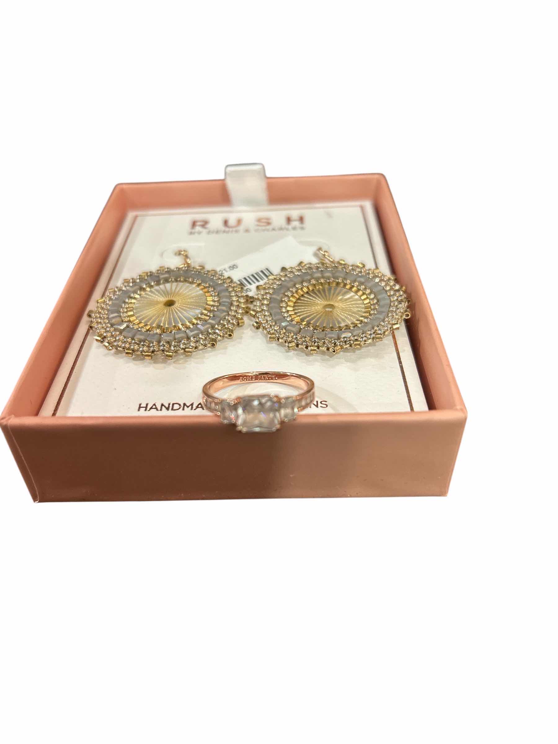 Photo 1 of COSTUME JEWELRY- NEW PAIR OF EARRINGS AND RING EST SIZE 8