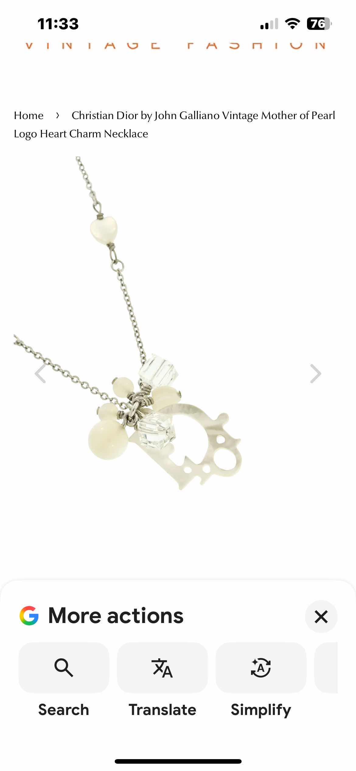 Photo 1 of CHRISTIAN DIOR BY JOHN GALLIANO VINTAGE MOTHER OF PEARL LOGO HEART CHARM NECKLACE 
