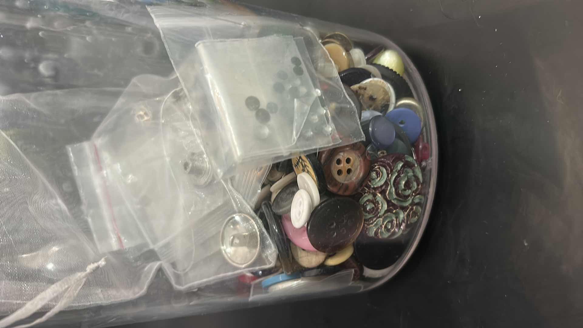 Photo 1 of CRAFTING SUPPLIES- BUTTONS AND RIBBONS WITH CONTAINERS