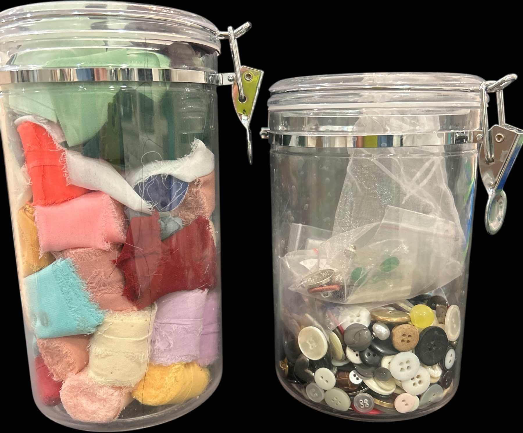 Photo 1 of CRAFTING SUPPLIES- BUTTONS AND RIBBONS WITH CONTAINERS