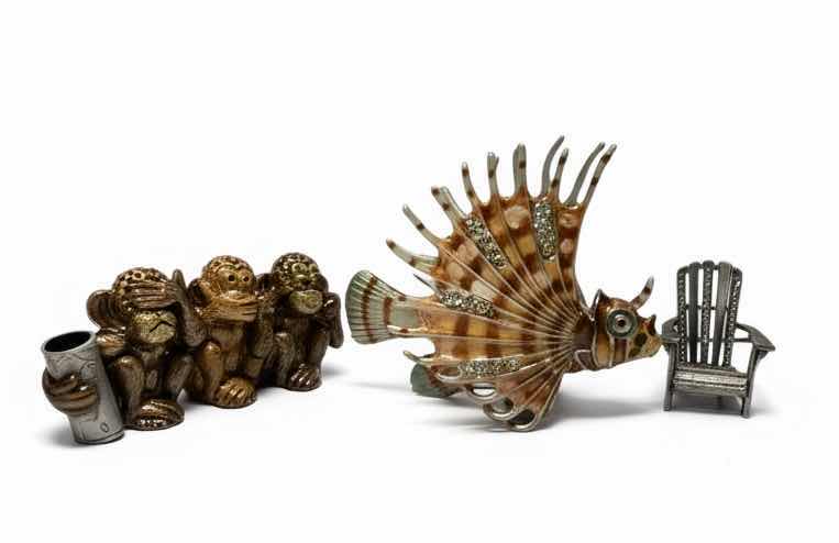 Photo 1 of 3 BEJEWELED MINI ITEMS- MONKEY BUSINESS CARD AND PEN HOLDER, CHAIR, & FISH H4”