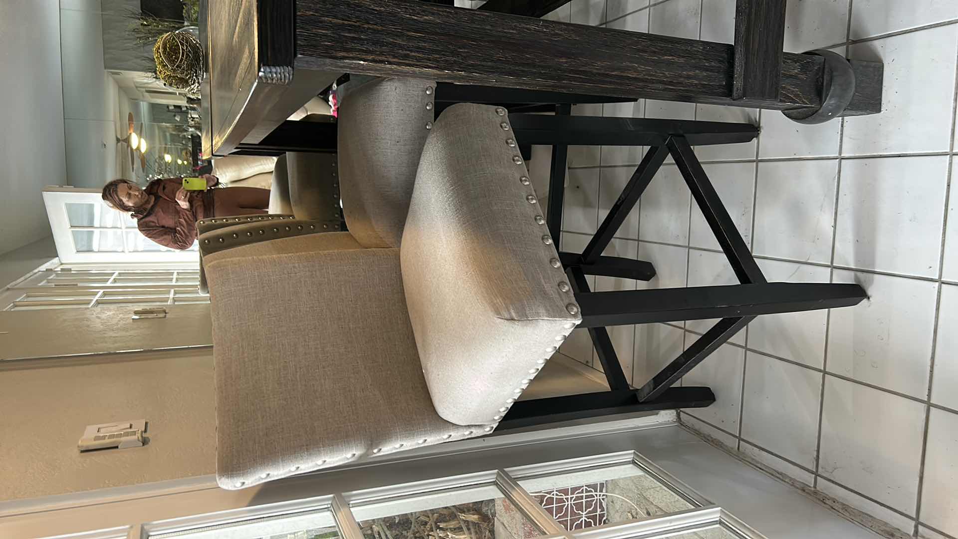 Photo 1 of FURNITURE OF AMERICA SANIA II ANTIQUE BLACK COUNTER HEIGHT DINING TABLE SET WITH GRAY SIDE CHAIRS. 30 ” X 5’ X 42”