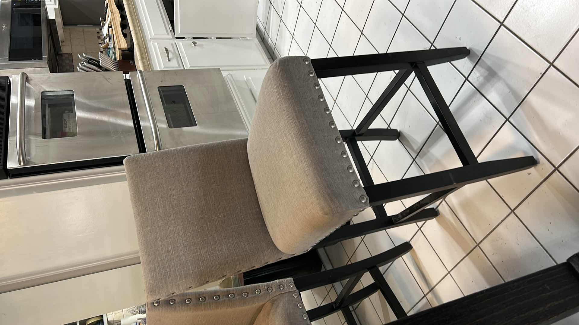 Photo 1 of FURNITURE OF AMERICA SANIA II ANTIQUE BLACK COUNTER HEIGHT DINING TABLE SET WITH GRAY SIDE CHAIRS. 30 ” X 5’ X 42”