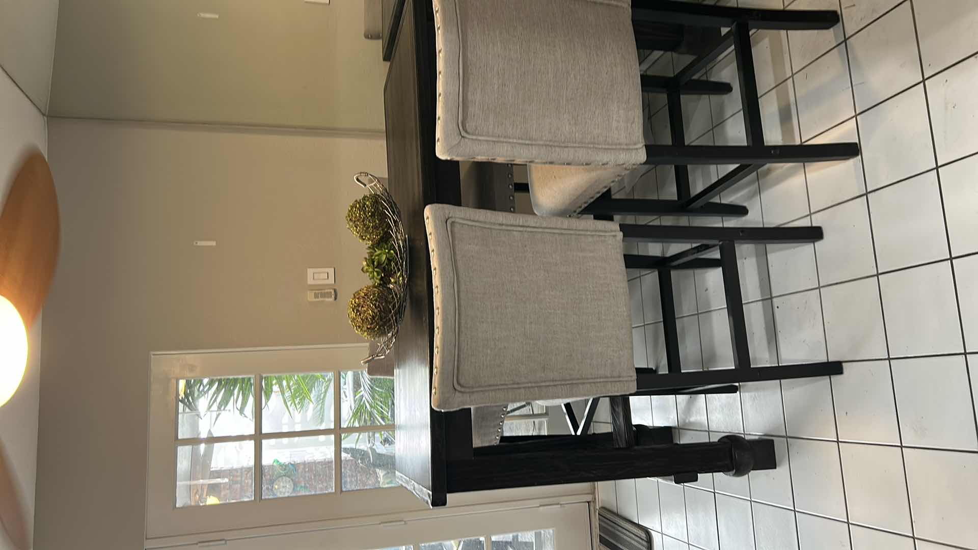 Photo 1 of FURNITURE OF AMERICA SANIA II ANTIQUE BLACK COUNTER HEIGHT DINING TABLE SET WITH GRAY SIDE CHAIRS. 30 ” X 5’ X 42”