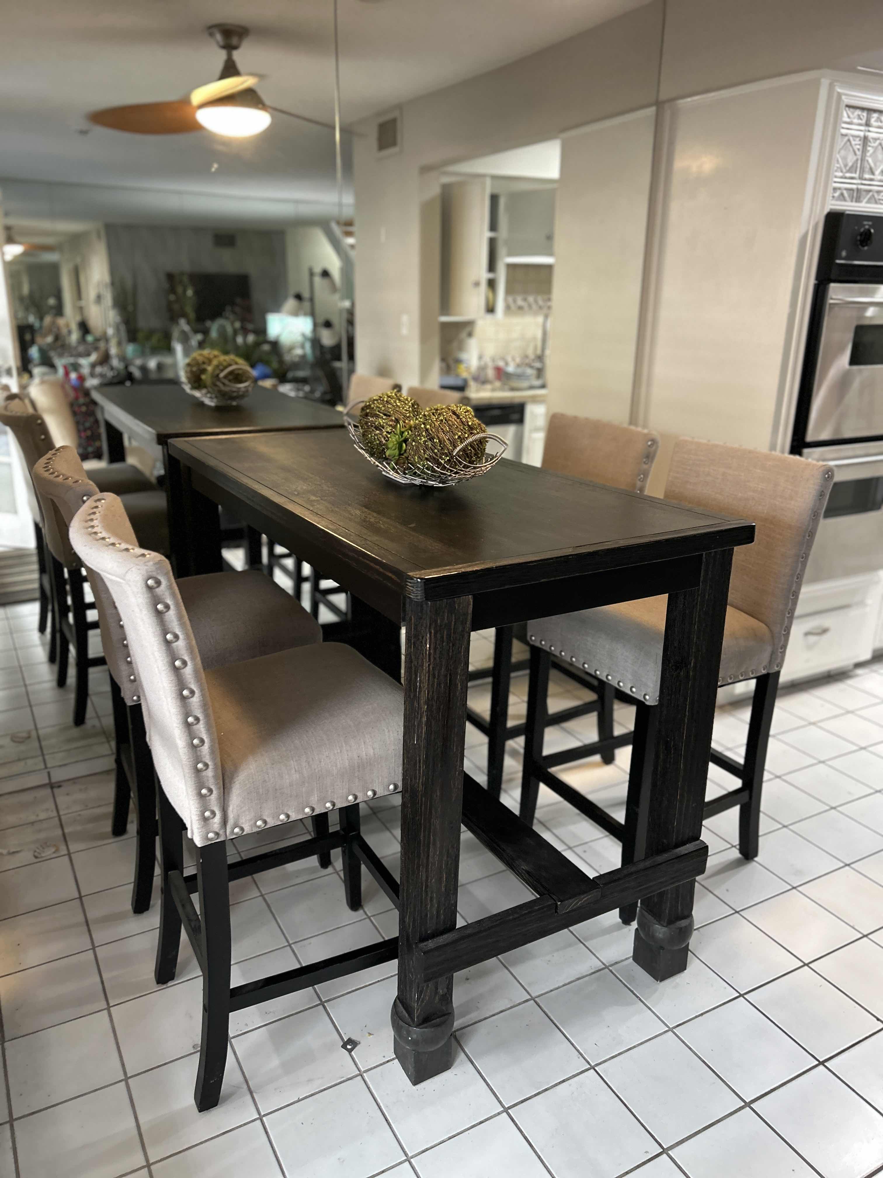 Photo 1 of FURNITURE OF AMERICA SANIA II ANTIQUE BLACK COUNTER HEIGHT DINING TABLE SET WITH GRAY SIDE CHAIRS. 30 ” X 5’ X 42”