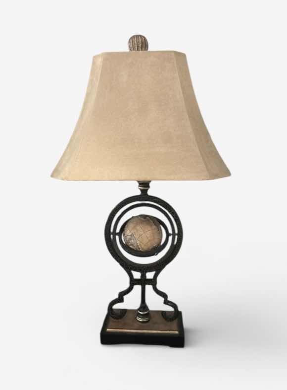 Photo 1 of ALLOY GLOBE TABLE LAMP WITH A BARREL SHADE. H30”
