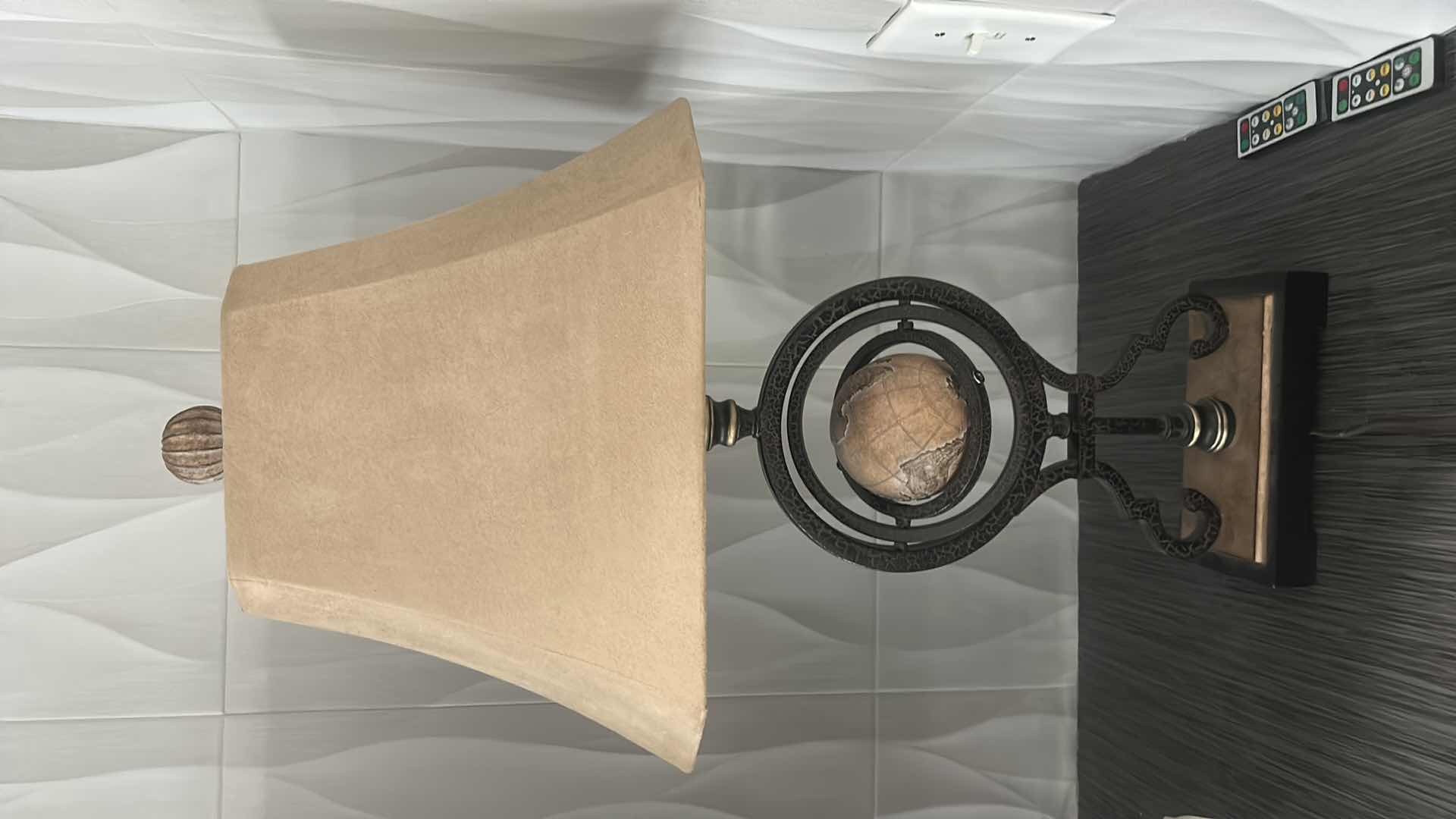 Photo 1 of ALLOY GLOBE TABLE LAMP WITH A BARREL SHADE. H30”