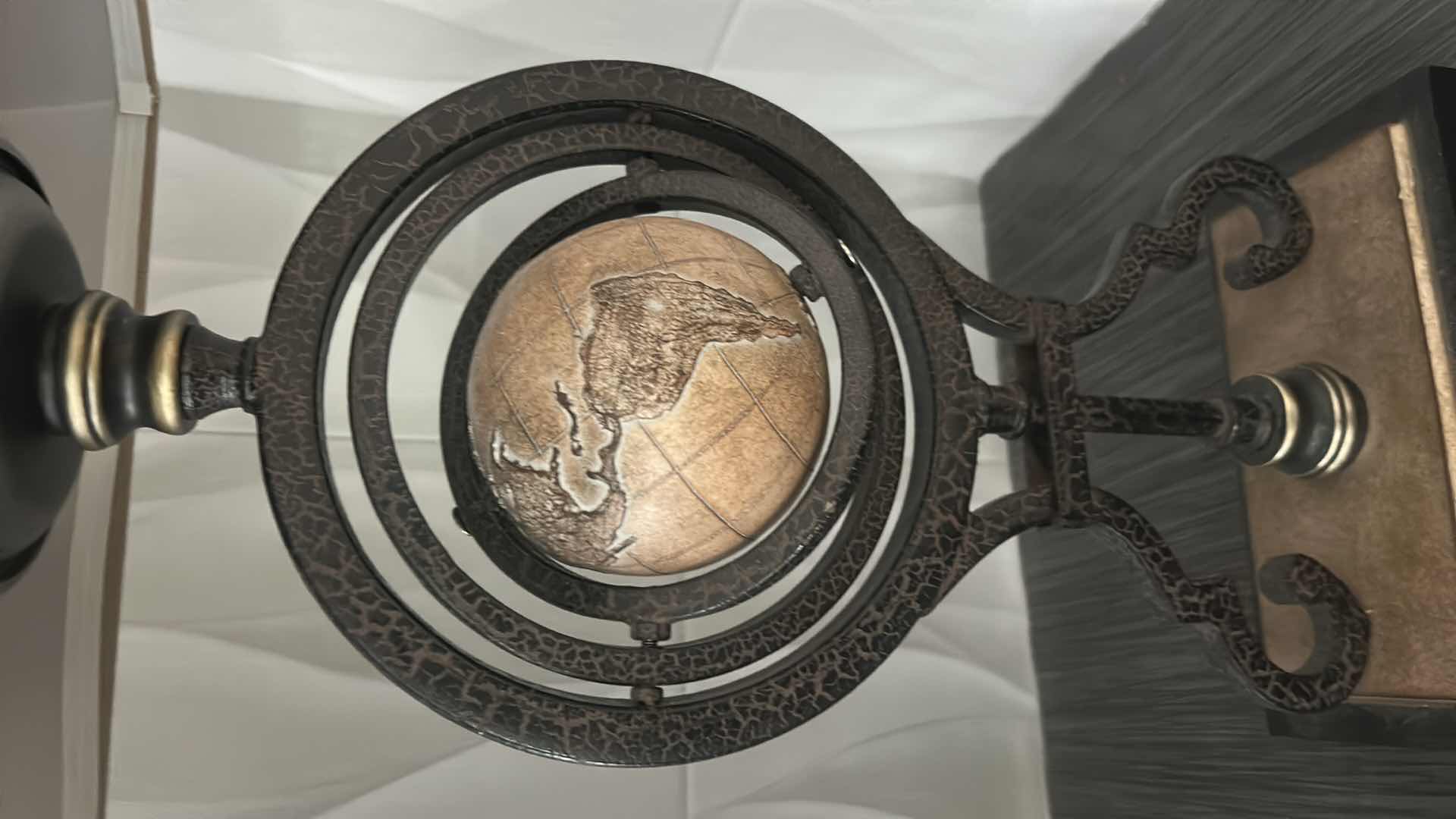 Photo 1 of ALLOY GLOBE TABLE LAMP WITH A BARREL SHADE. H30”