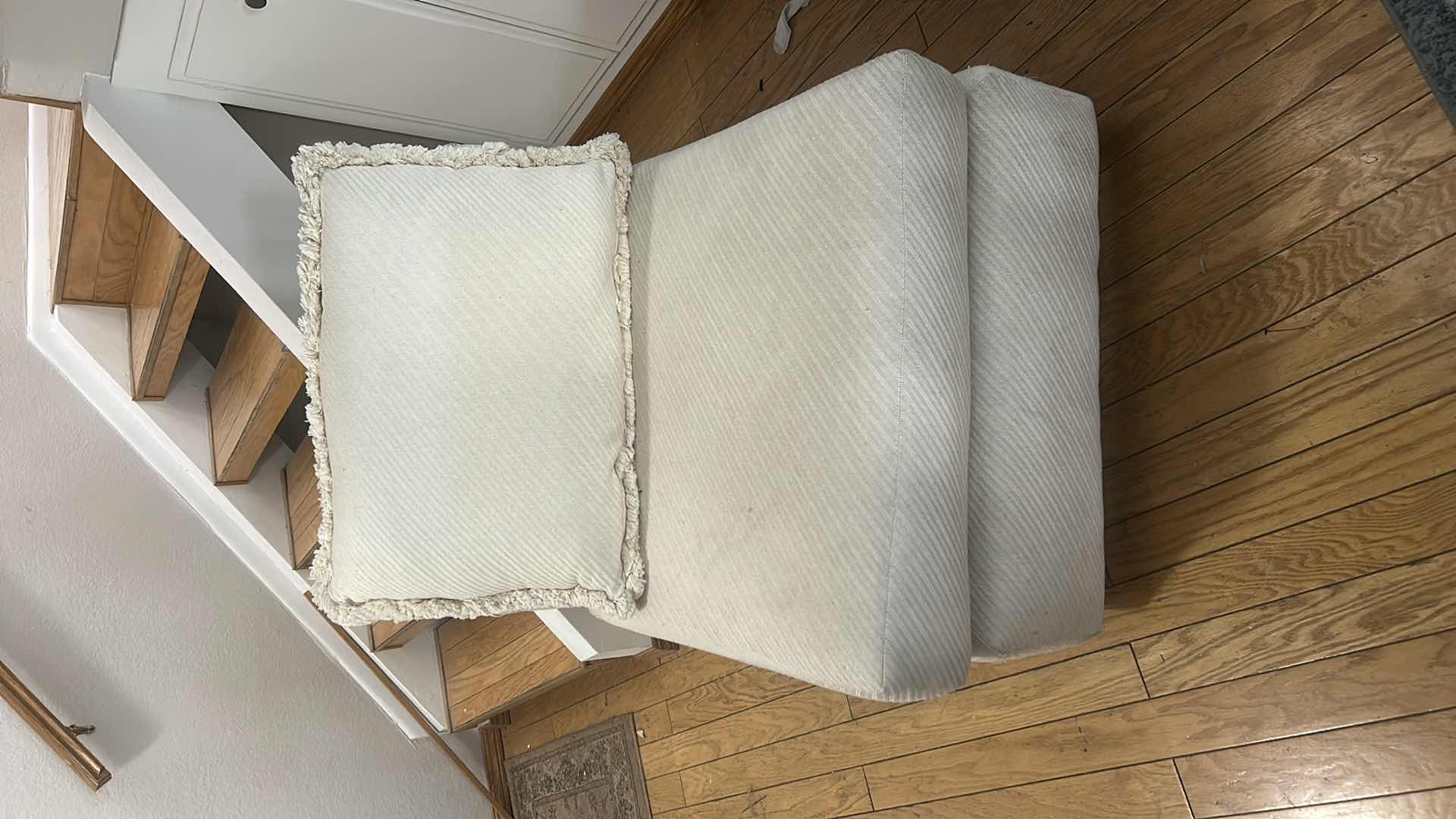 Photo 1 of FURNITURE HANOVER ROLL ARM CHAIR IN A LIGHT-COLORED UPHOLSTERY. 30“ x 40“ x H28“