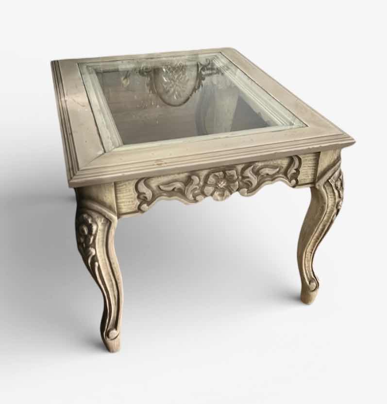 Photo 1 of VINTAGE WOOD AND GLASS  END TABLE. 24“ x 30“ x H20“