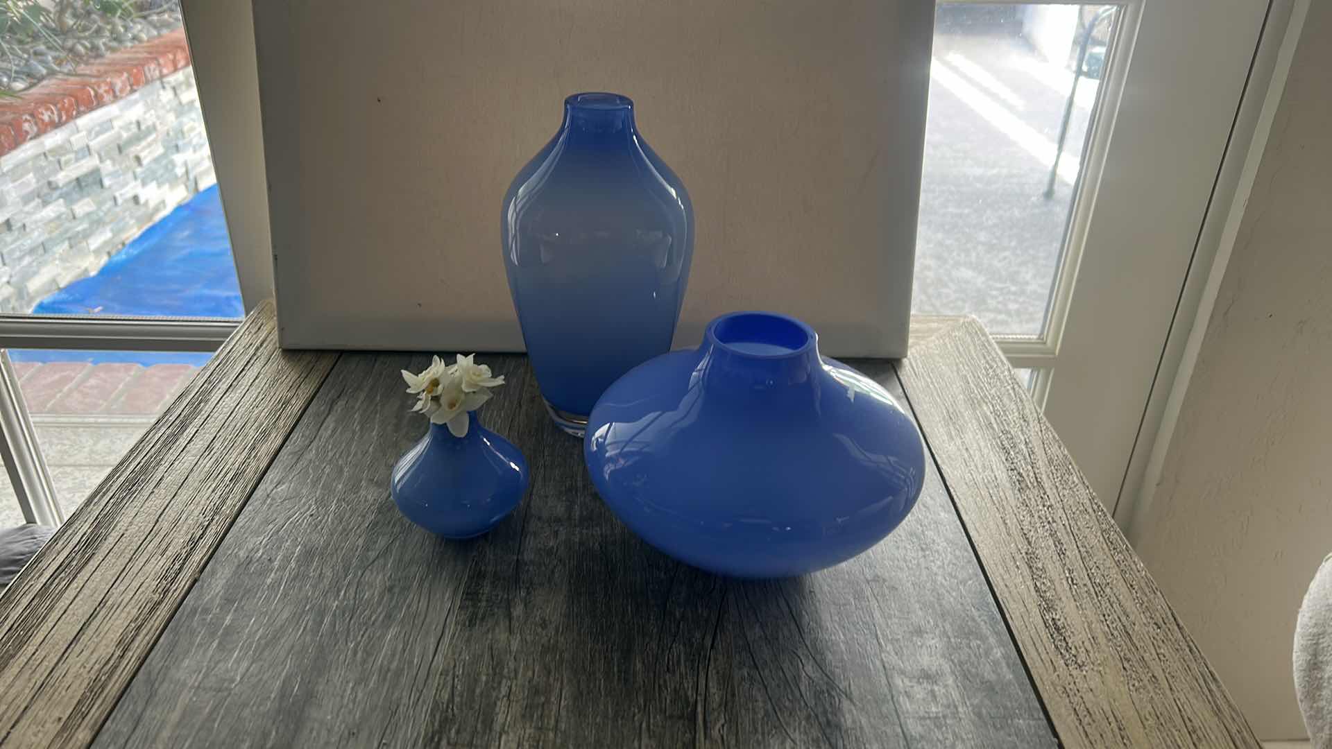 Photo 1 of 3 BLUE GLASS VASES (TALLEST H9 1/2”)