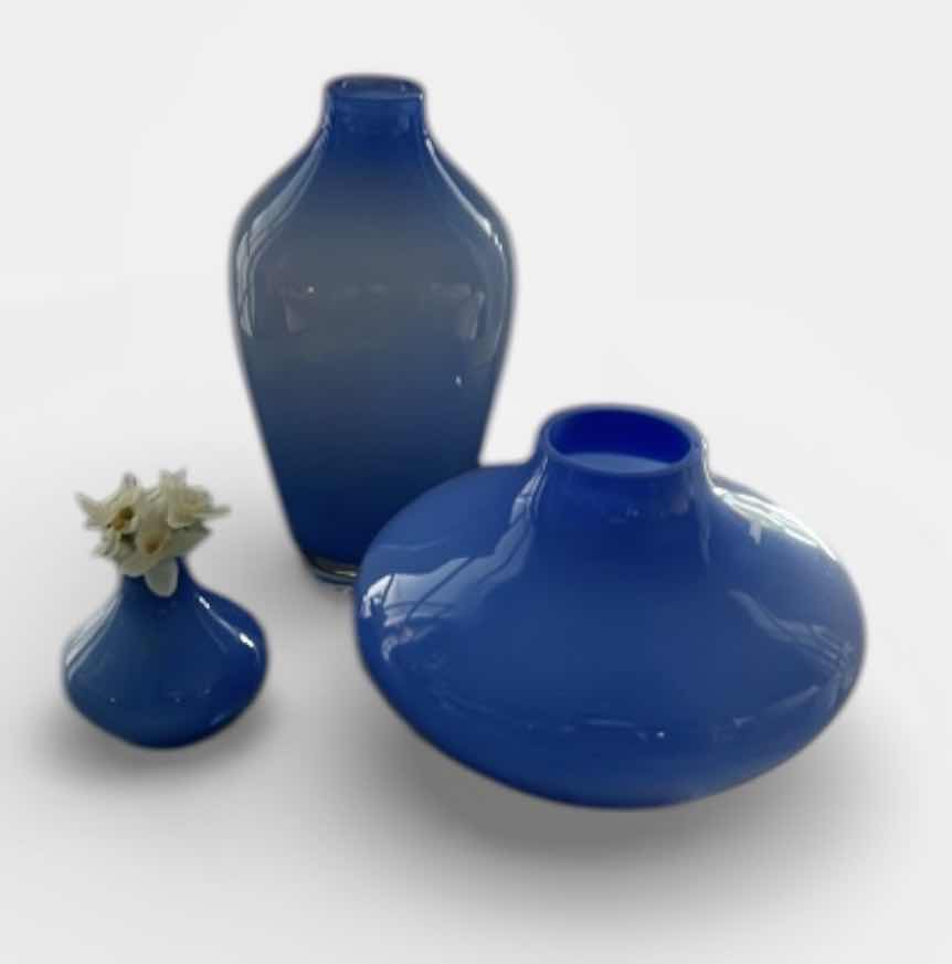 Photo 1 of 3 BLUE GLASS VASES (TALLEST H9 1/2”)