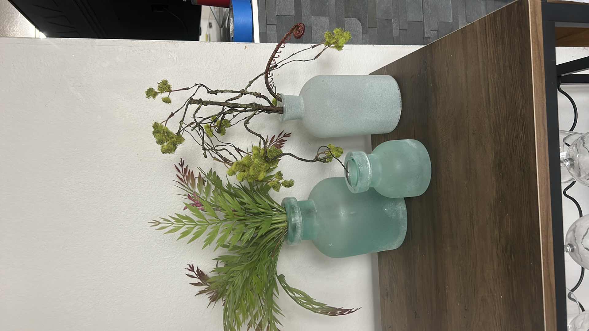 Photo 1 of 3 FROSTED GLASS VASES WITH FAUX FLOWERS  H8”