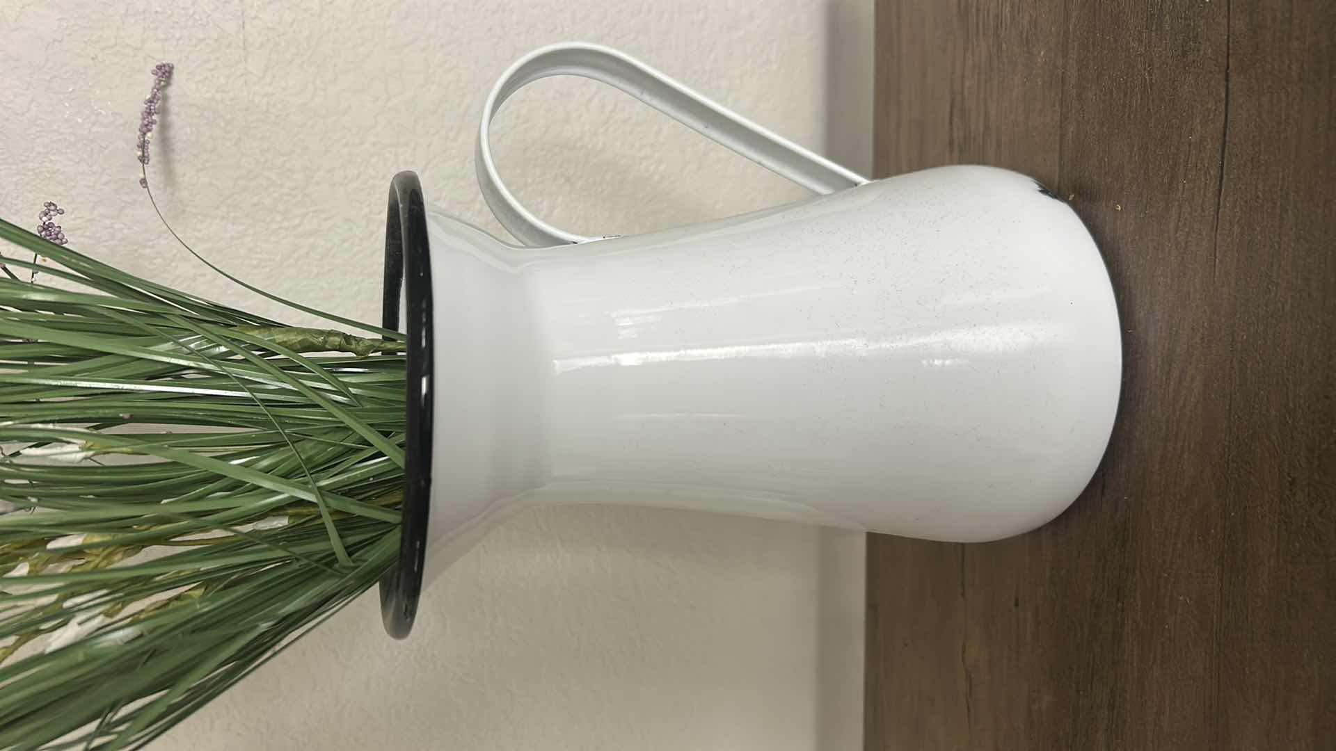 Photo 1 of ENAMEL PITCHER VASE  H8”  WITH FAUX FLORAL