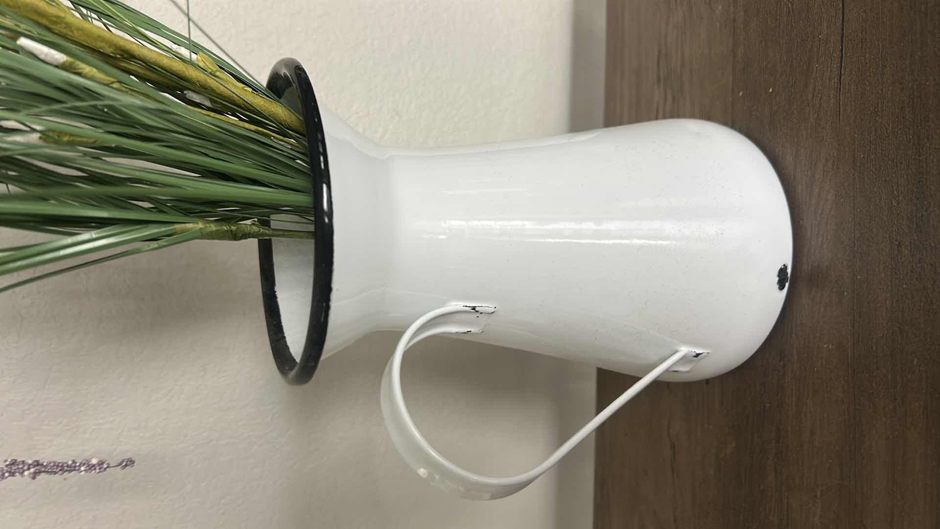 Photo 1 of ENAMEL PITCHER VASE  H8”  WITH FAUX FLORAL