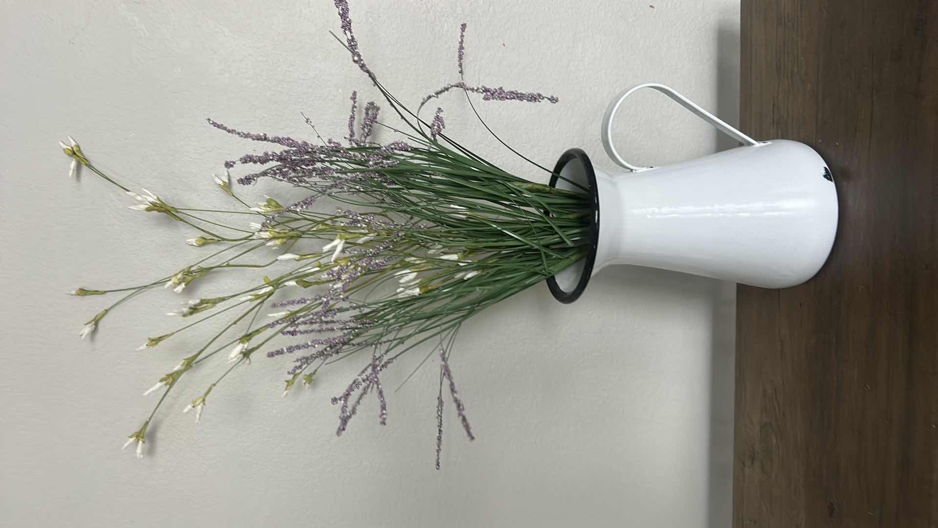 Photo 1 of ENAMEL PITCHER VASE  H8”  WITH FAUX FLORAL